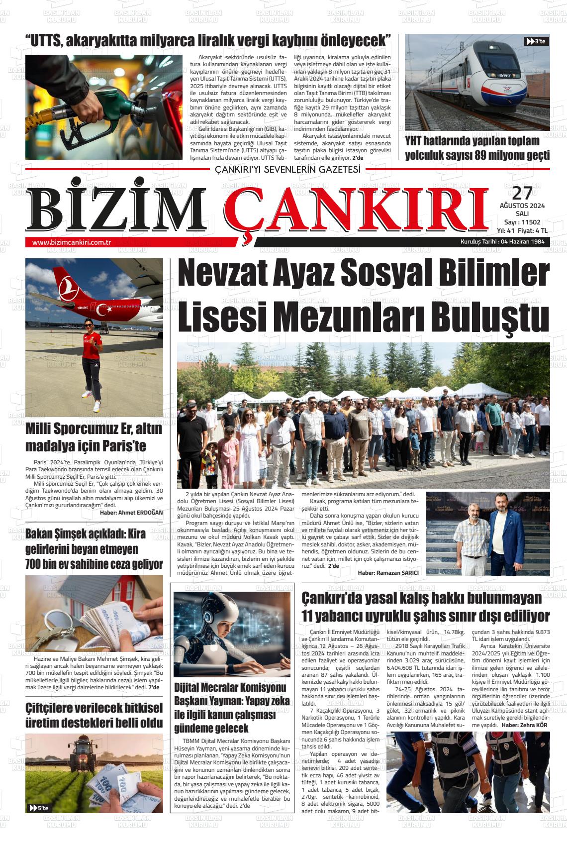 27 Ağustos 2024 Bizim Çankırı Gazete Manşeti