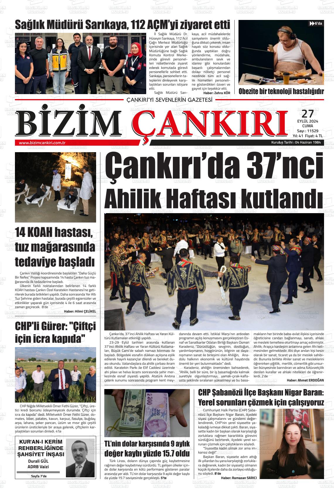 27 Eylül 2024 Bizim Çankırı Gazete Manşeti