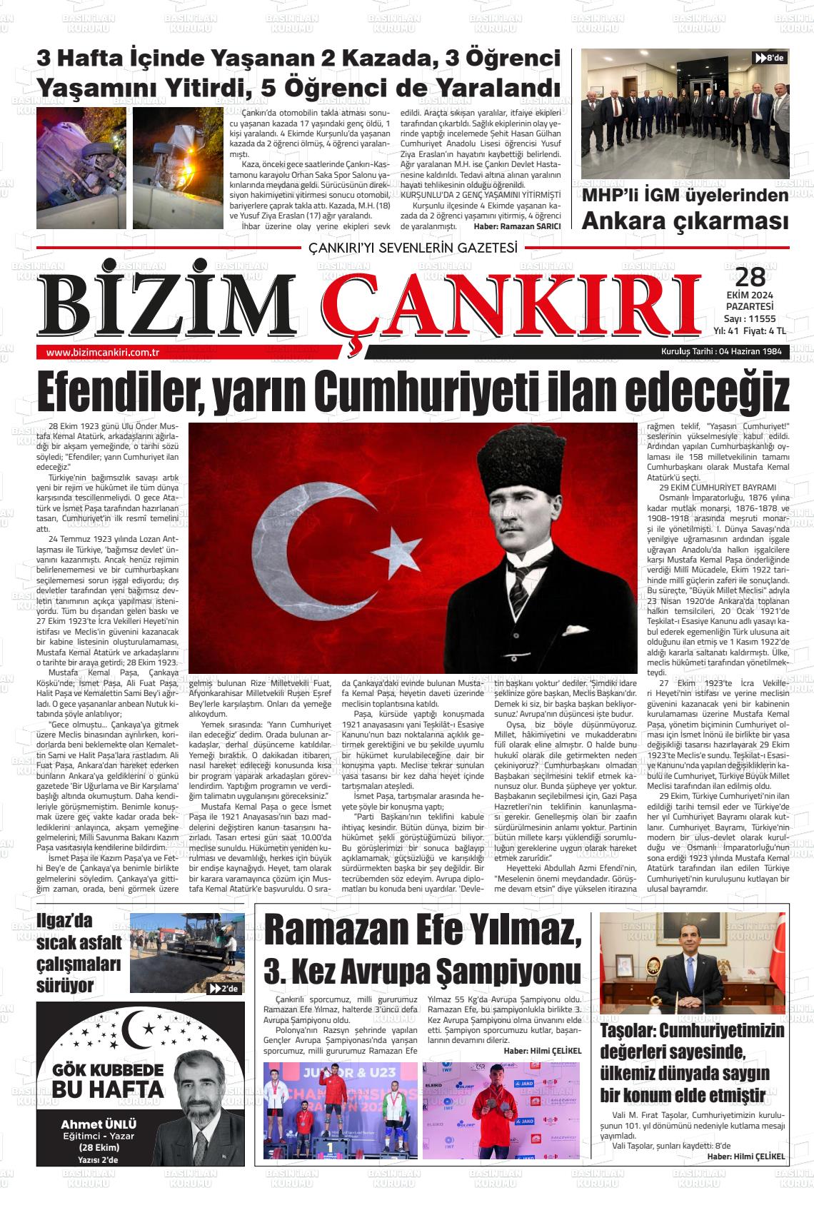 28 Ekim 2024 Bizim Çankırı Gazete Manşeti