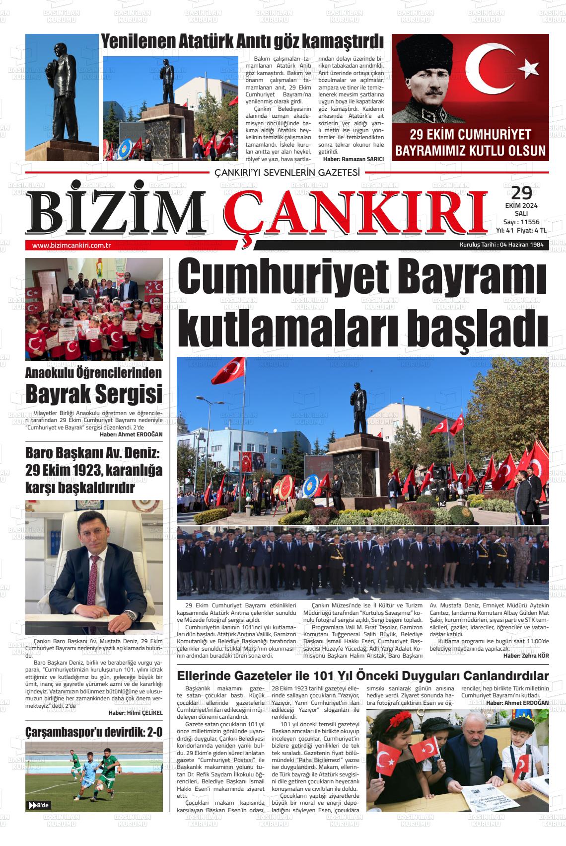 29 Ekim 2024 Bizim Çankırı Gazete Manşeti