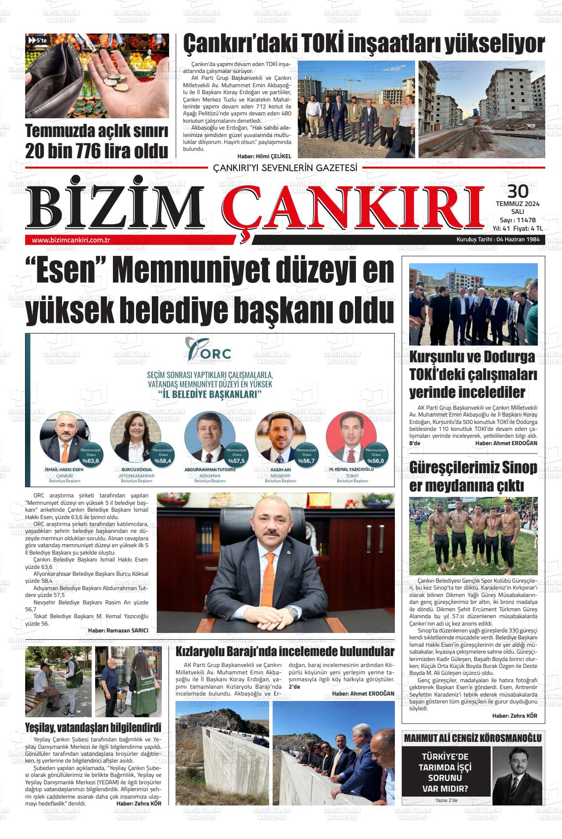 30 Temmuz 2024 Bizim Çankırı Gazete Manşeti