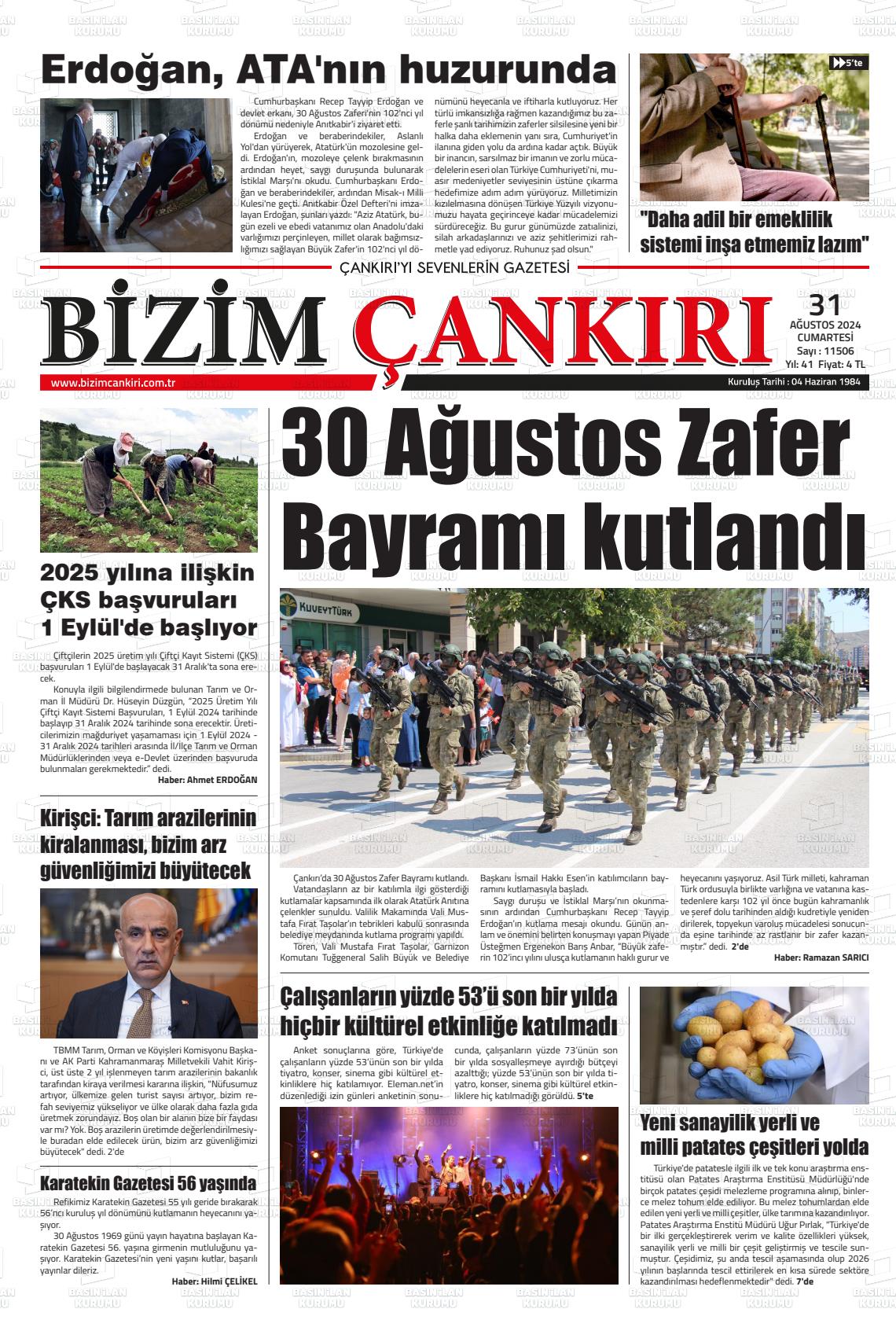 31 Ağustos 2024 Bizim Çankırı Gazete Manşeti