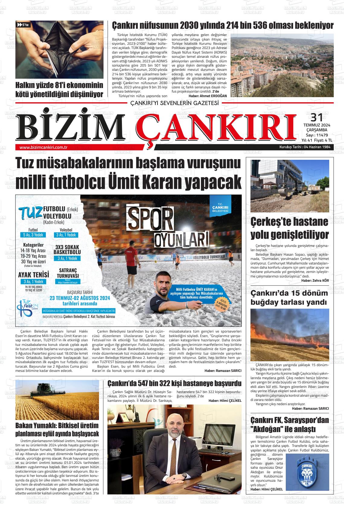 31 Temmuz 2024 Bizim Çankırı Gazete Manşeti