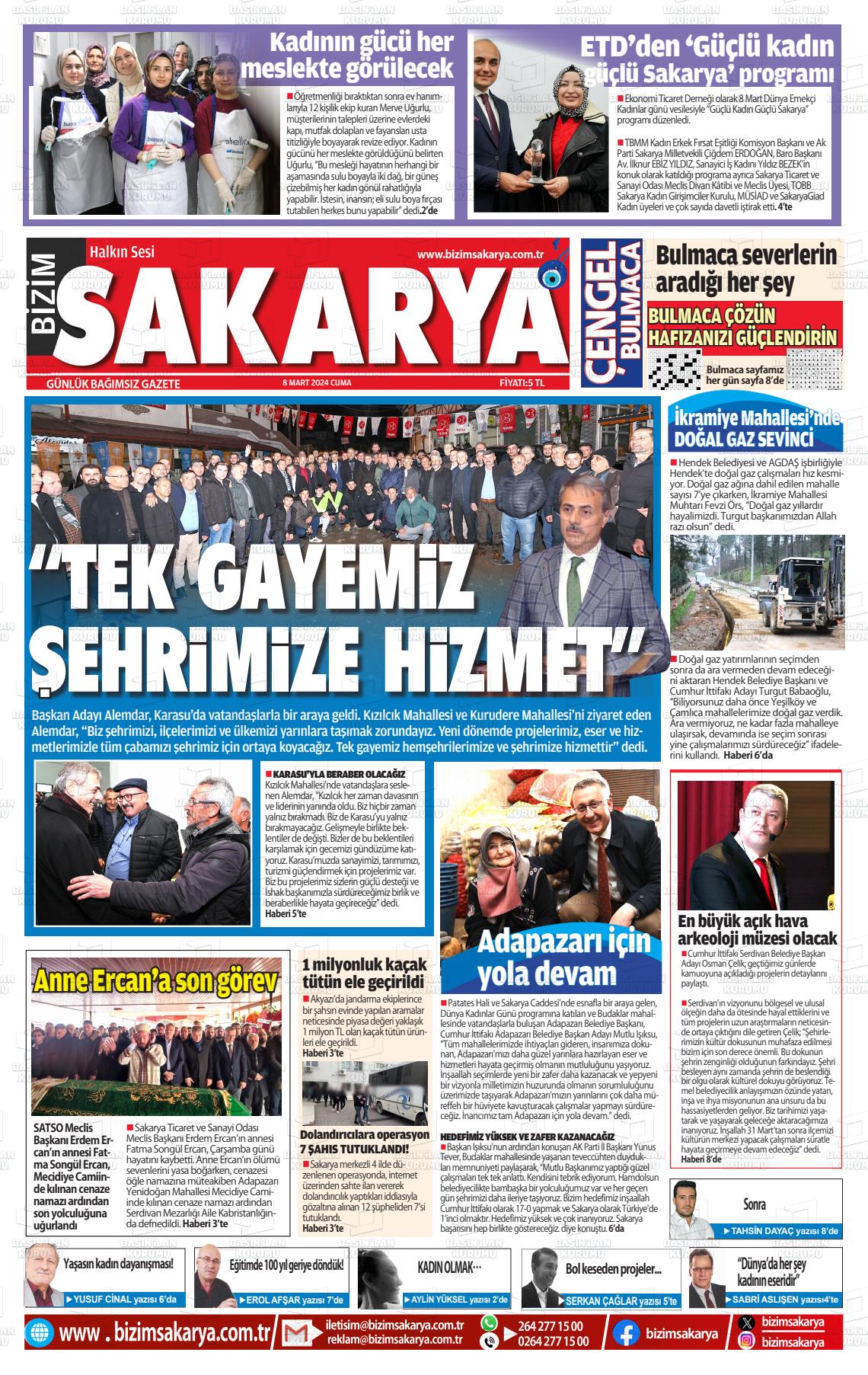 08 Mart 2024 Bizim Sakarya Gazete Manşeti