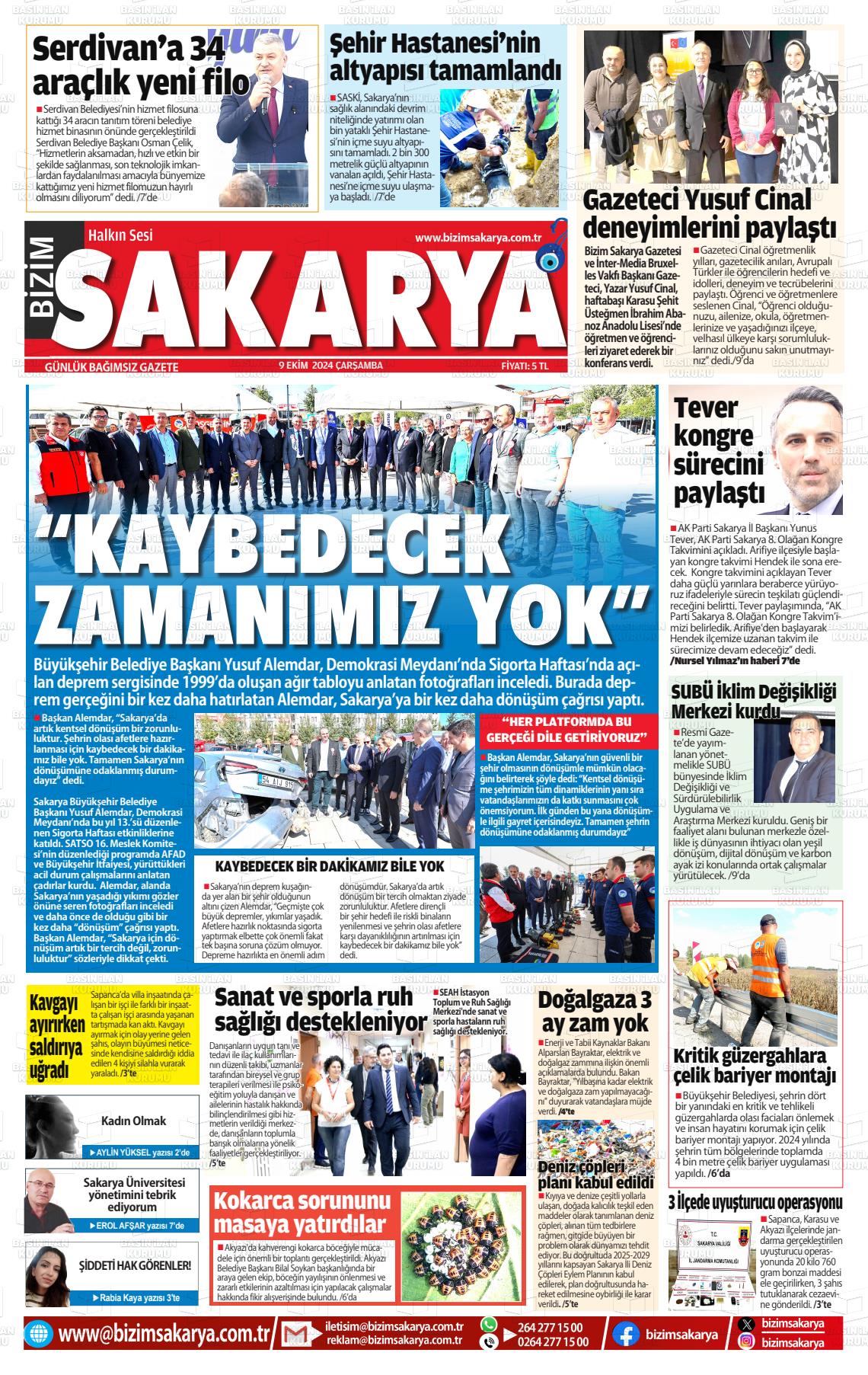 09 Ekim 2024 Bizim Sakarya Gazete Manşeti