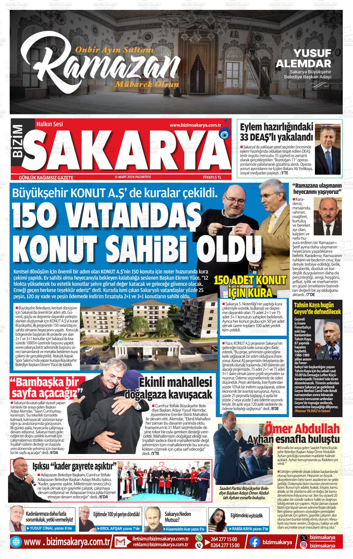 11 Mart 2024 Bizim Sakarya Gazete Manşeti