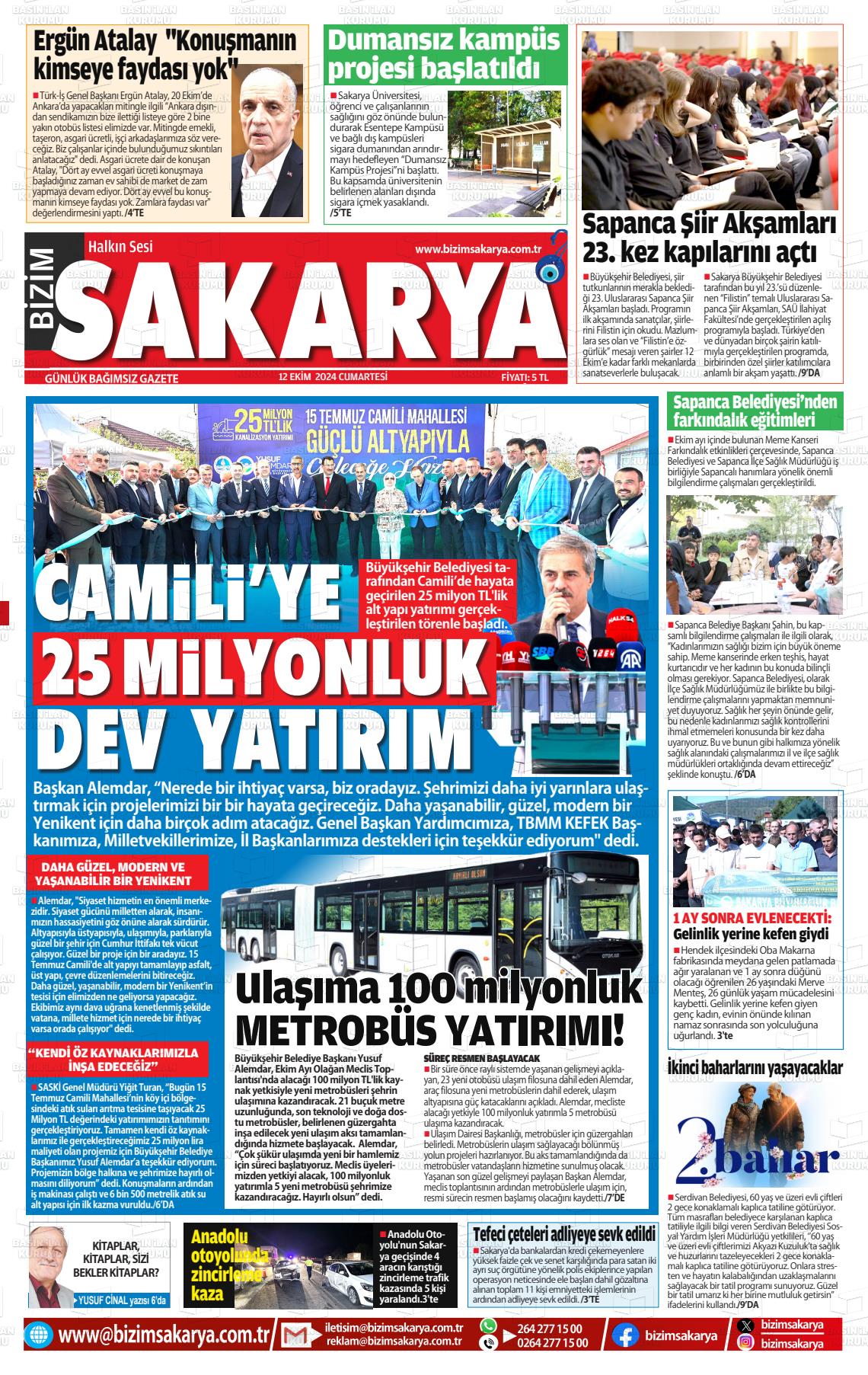 12 Ekim 2024 Bizim Sakarya Gazete Manşeti