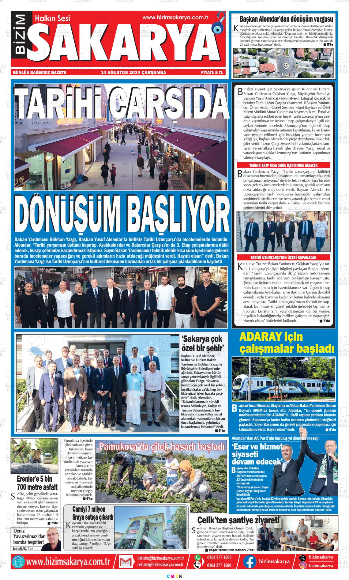 14 Ağustos 2024 Bizim Sakarya Gazete Manşeti