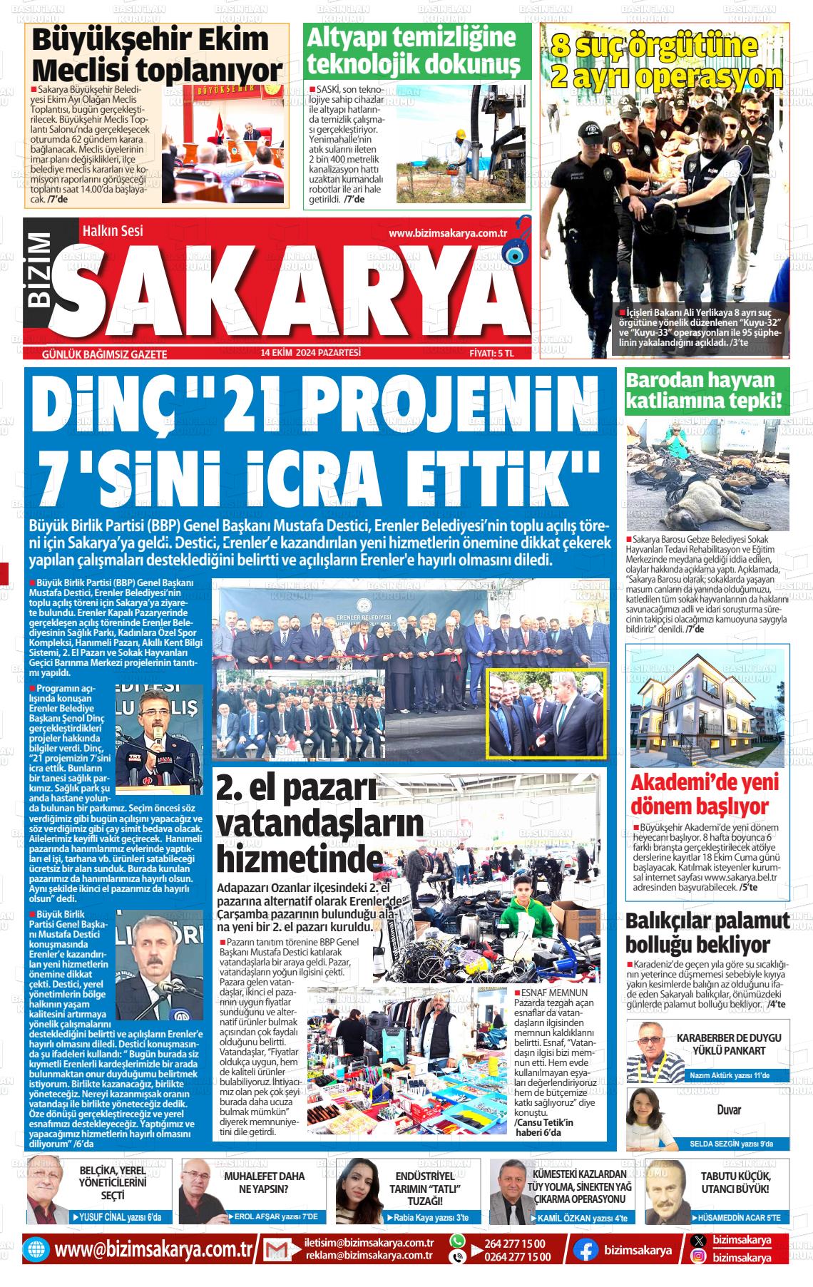 14 Ekim 2024 Bizim Sakarya Gazete Manşeti