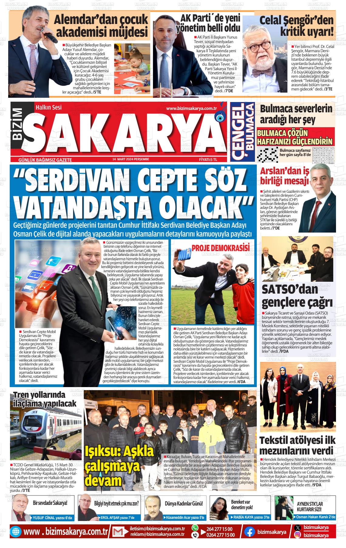 14 Mart 2024 Bizim Sakarya Gazete Manşeti