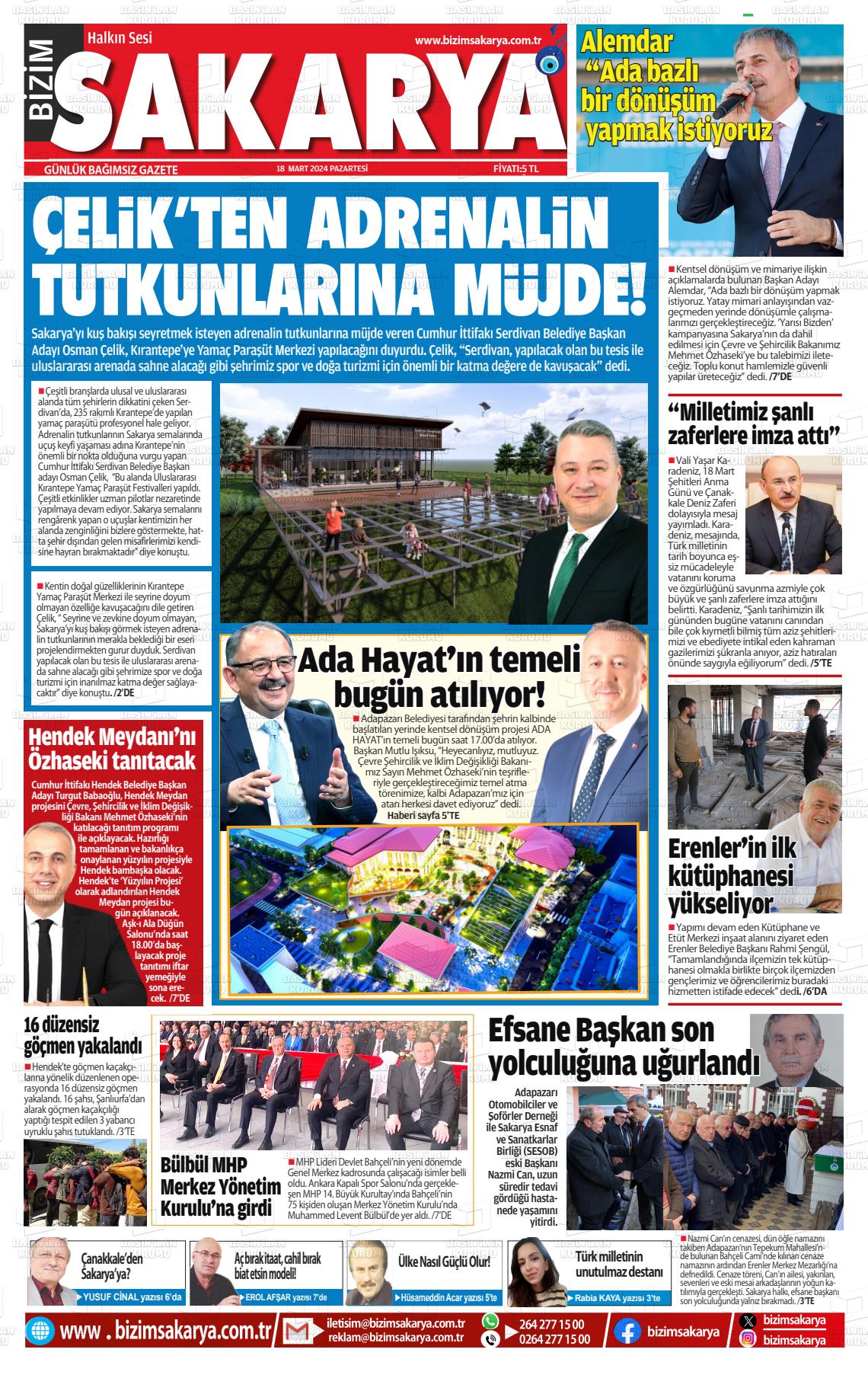 18 Mart 2024 Bizim Sakarya Gazete Manşeti