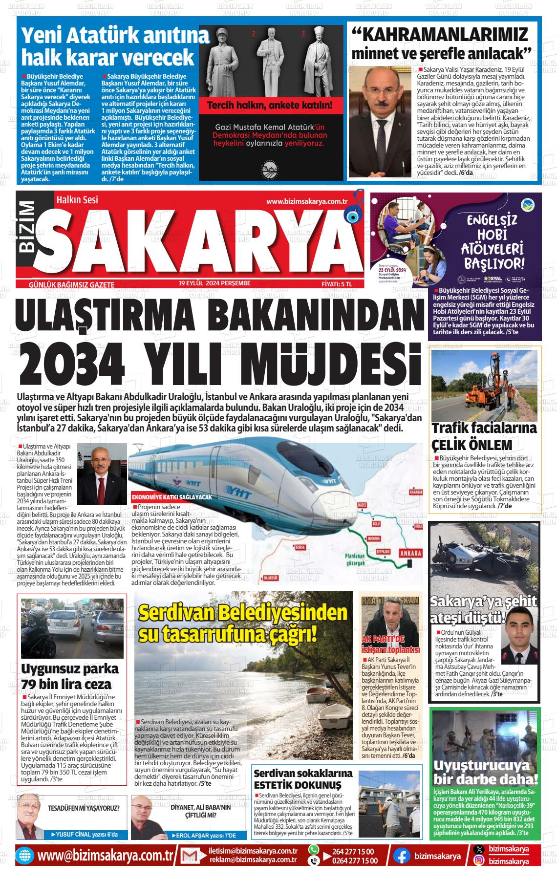 19 Eylül 2024 Bizim Sakarya Gazete Manşeti