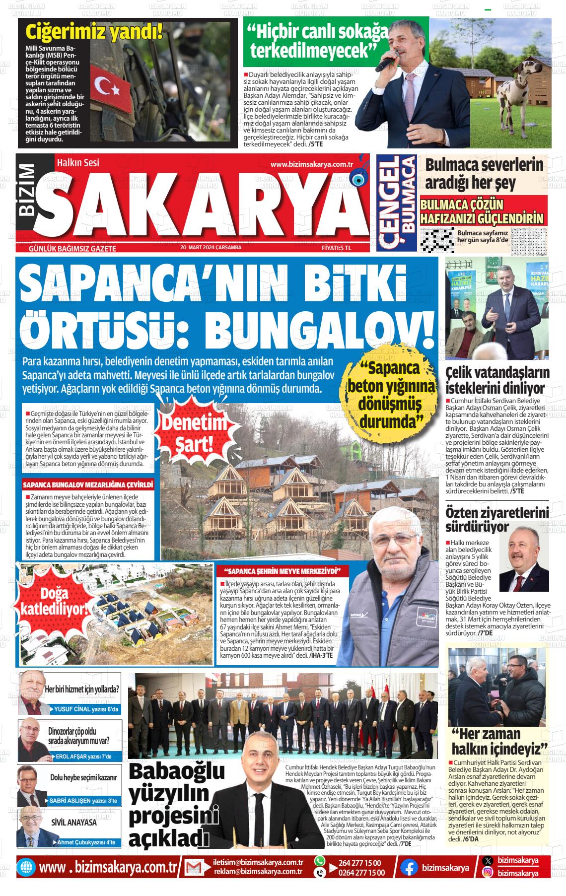 20 Mart 2024 Bizim Sakarya Gazete Manşeti