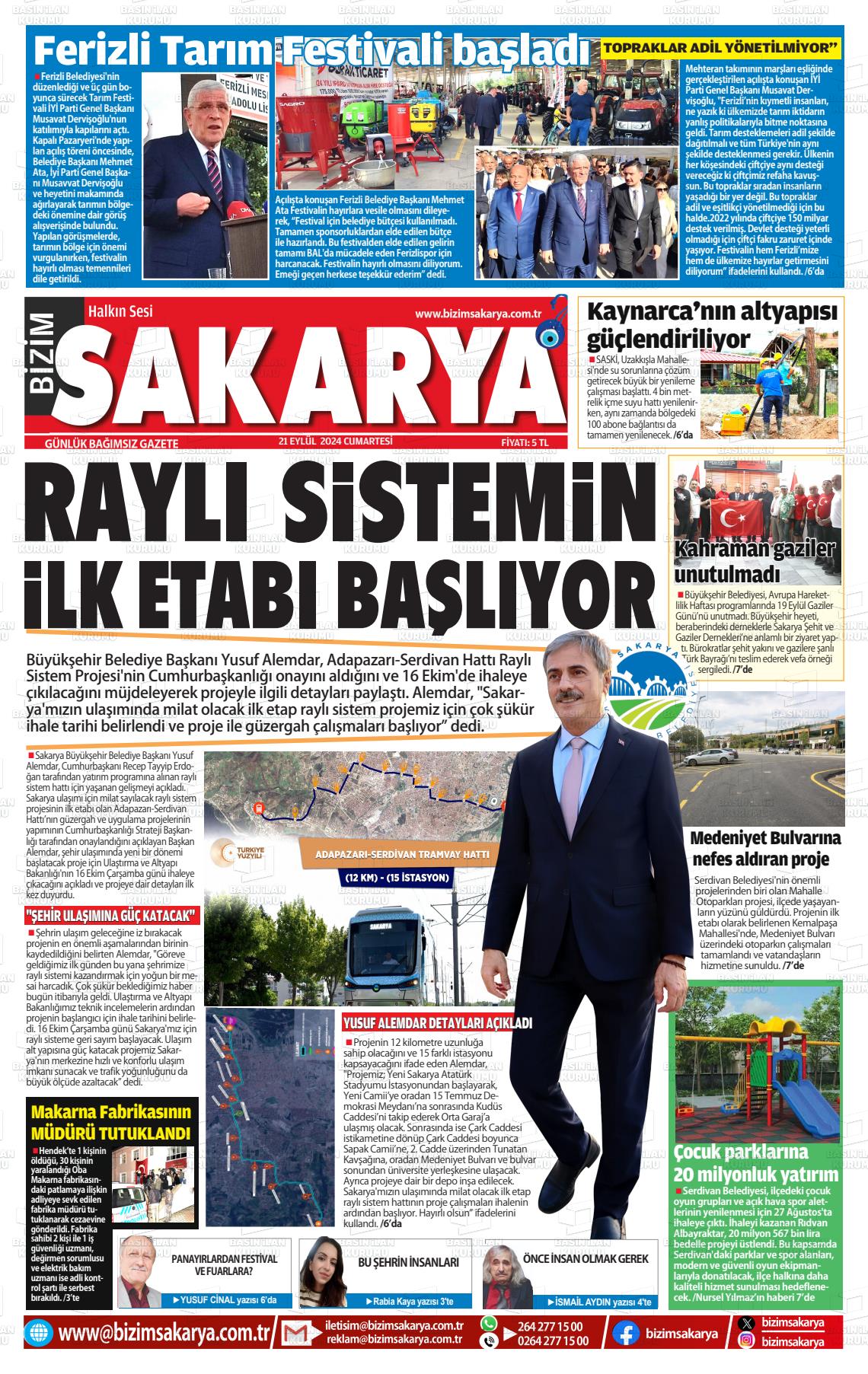 21 Eylül 2024 Bizim Sakarya Gazete Manşeti