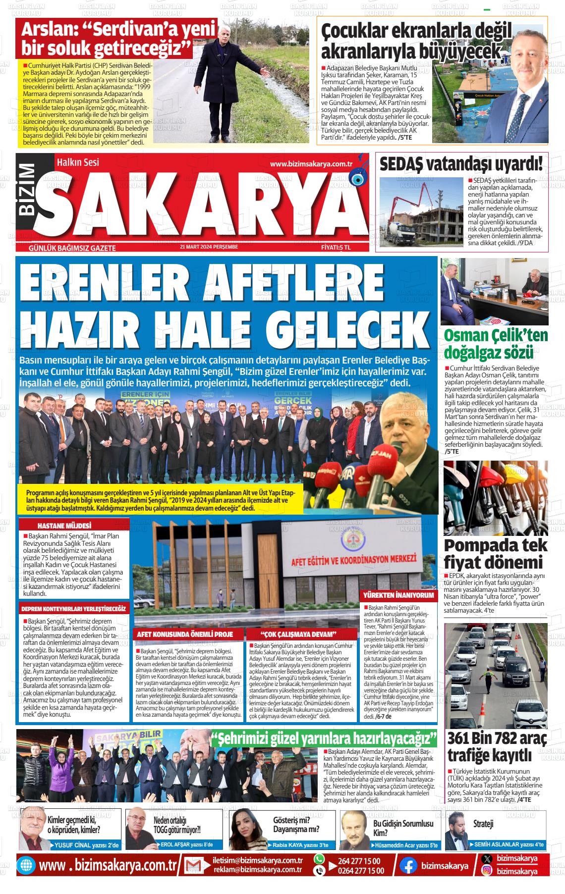 21 Mart 2024 Bizim Sakarya Gazete Manşeti