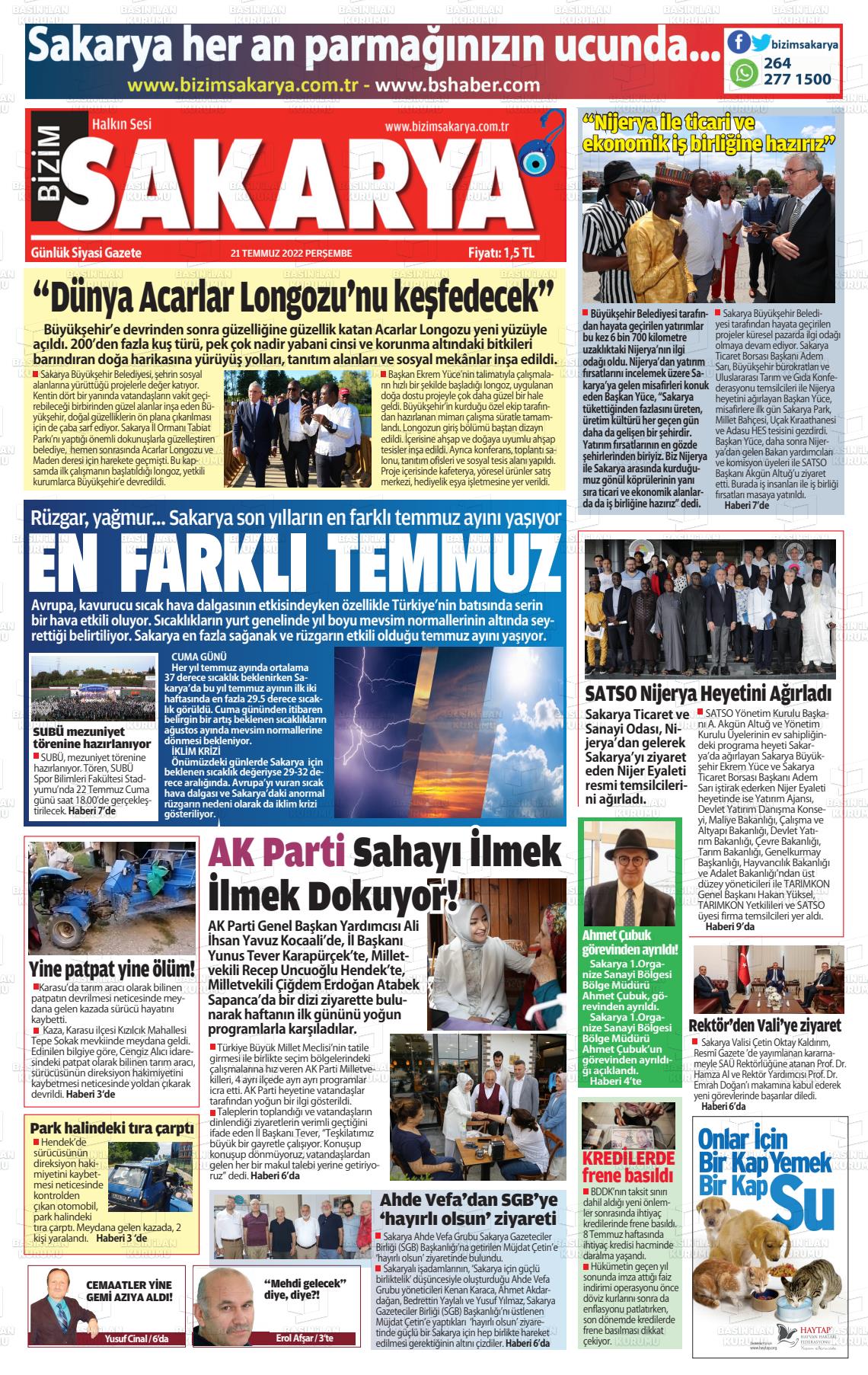 21 Temmuz 2022 Bizim Sakarya Gazete Manşeti