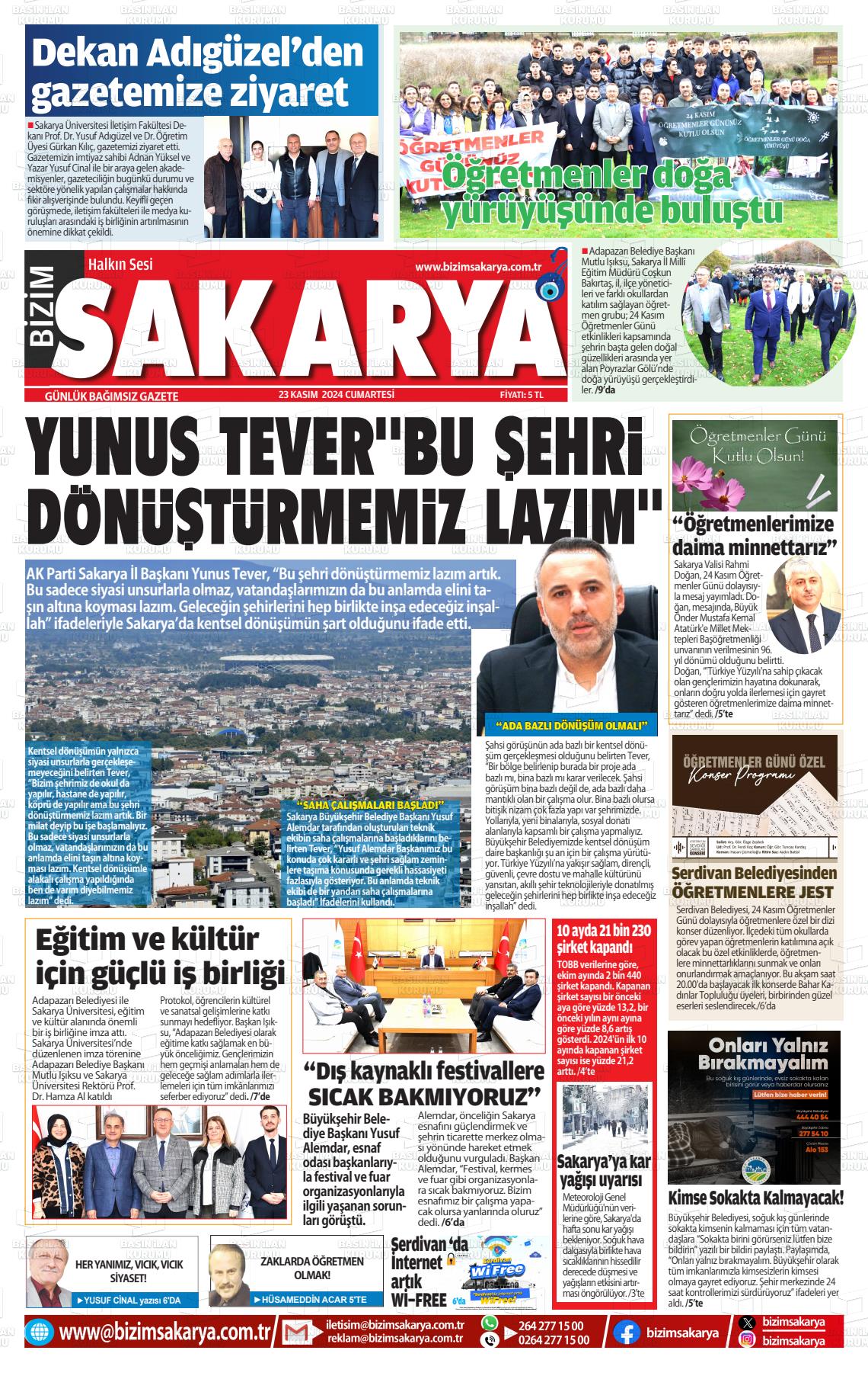 23 Kasım 2024 Bizim Sakarya Gazete Manşeti