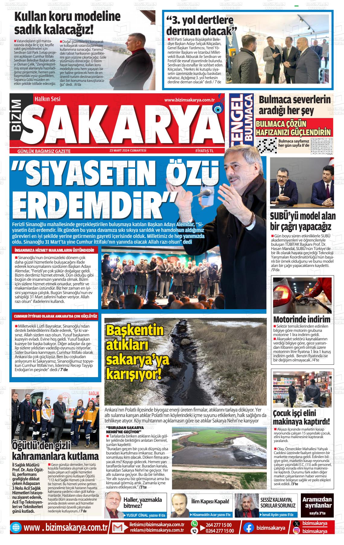 23 Mart 2024 Bizim Sakarya Gazete Manşeti