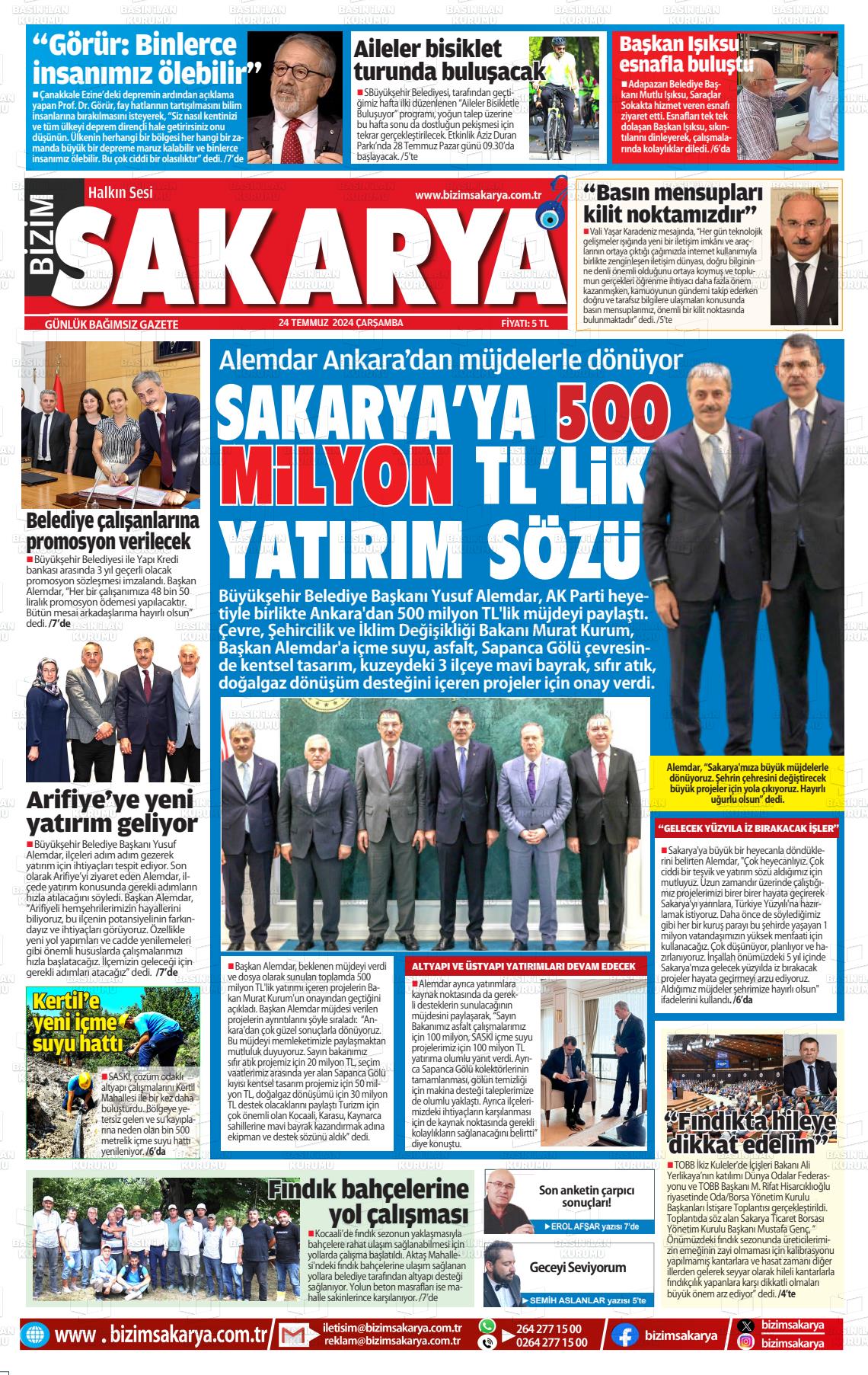 24 Temmuz 2024 Bizim Sakarya Gazete Manşeti