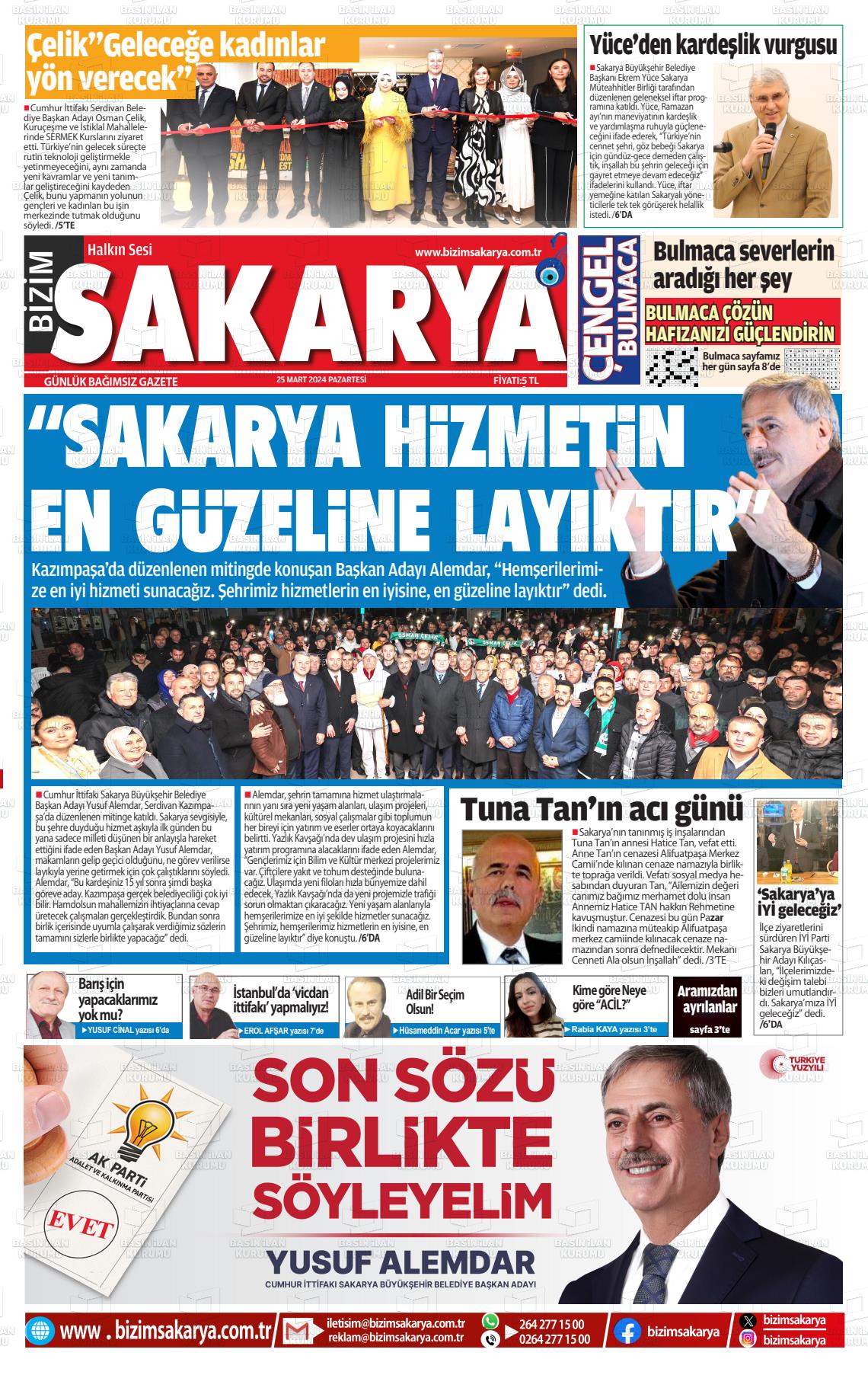 25 Mart 2024 Bizim Sakarya Gazete Manşeti