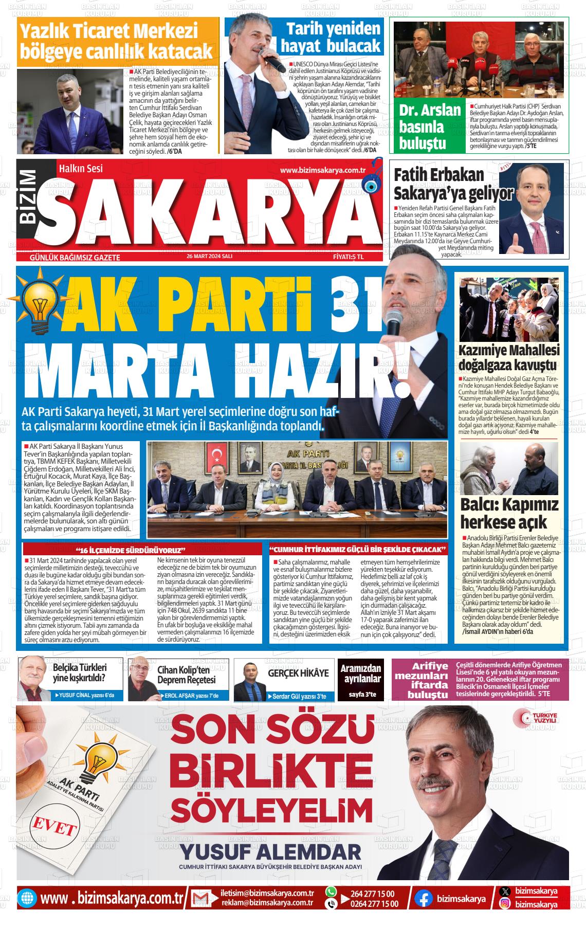 26 Mart 2024 Bizim Sakarya Gazete Manşeti