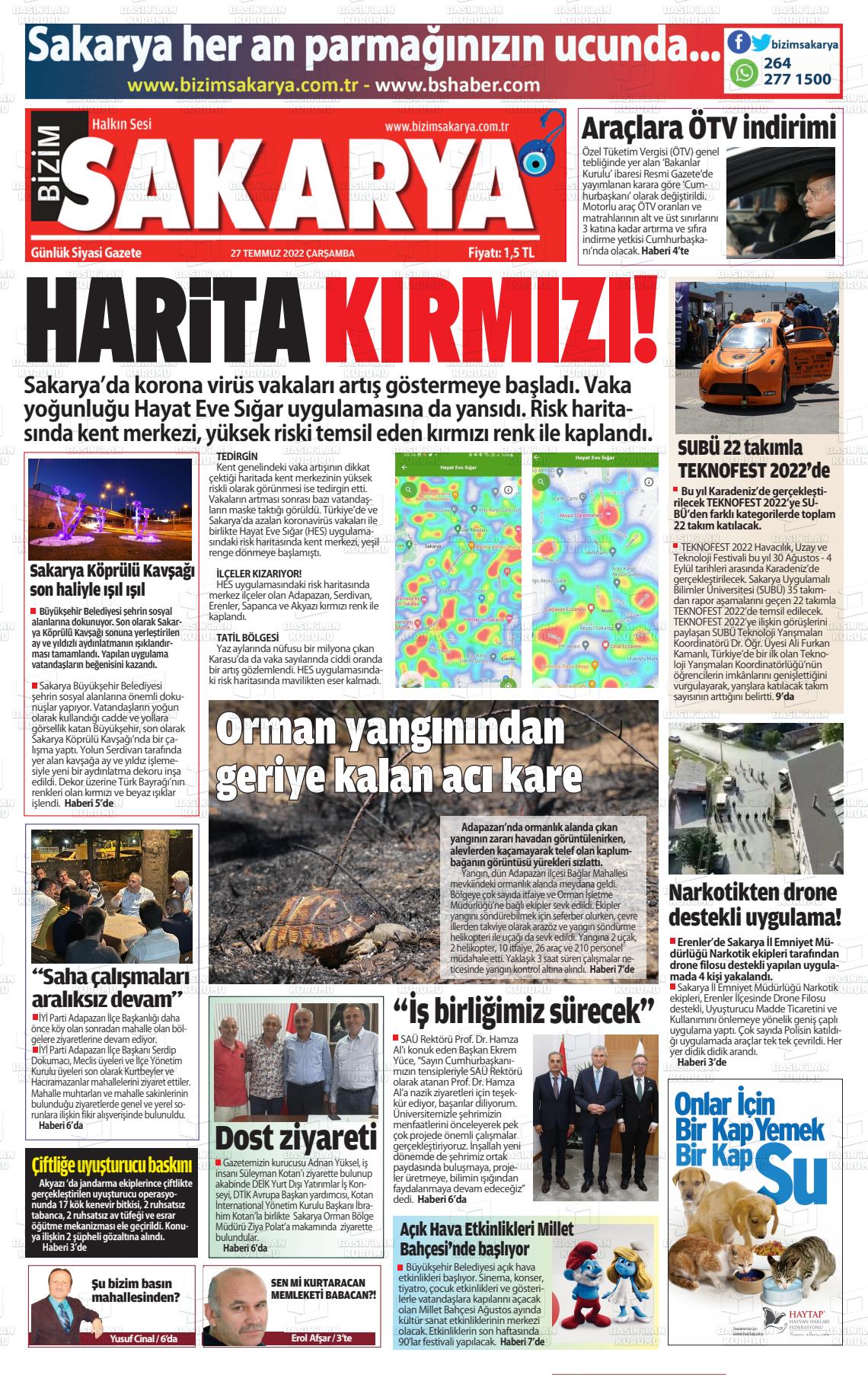 27 Temmuz 2022 Bizim Sakarya Gazete Manşeti