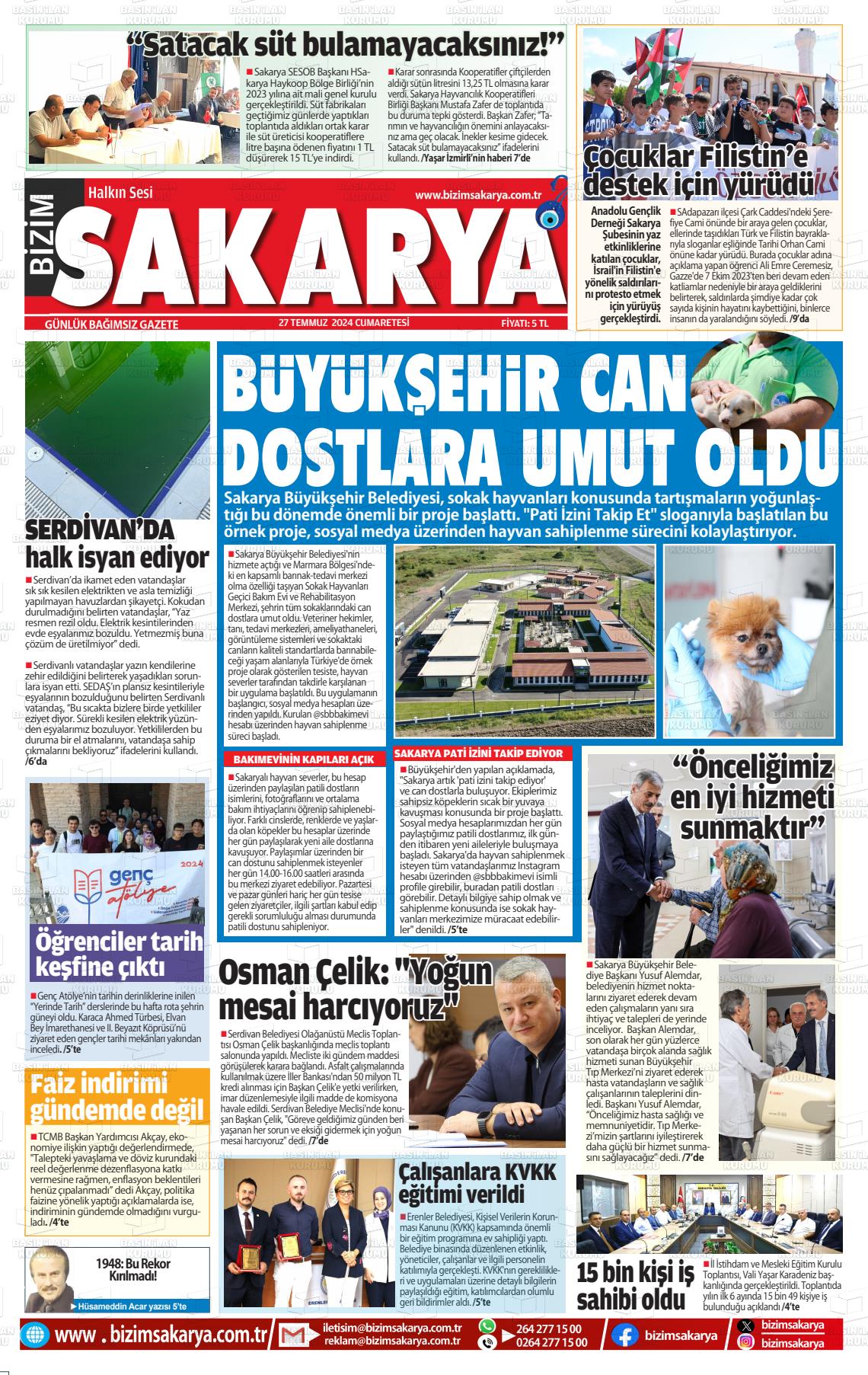 27 Temmuz 2024 Bizim Sakarya Gazete Manşeti