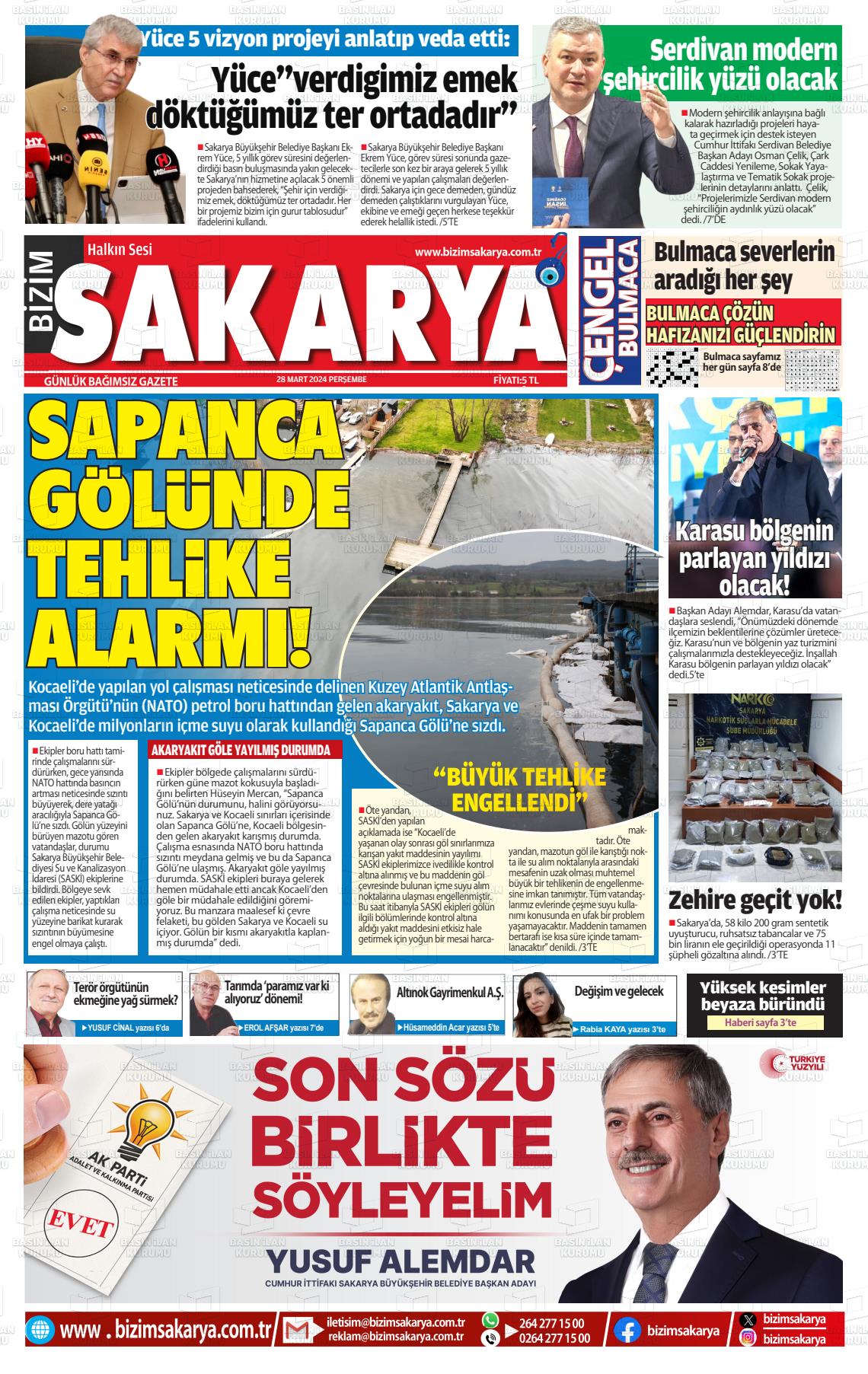 28 Mart 2024 Bizim Sakarya Gazete Manşeti