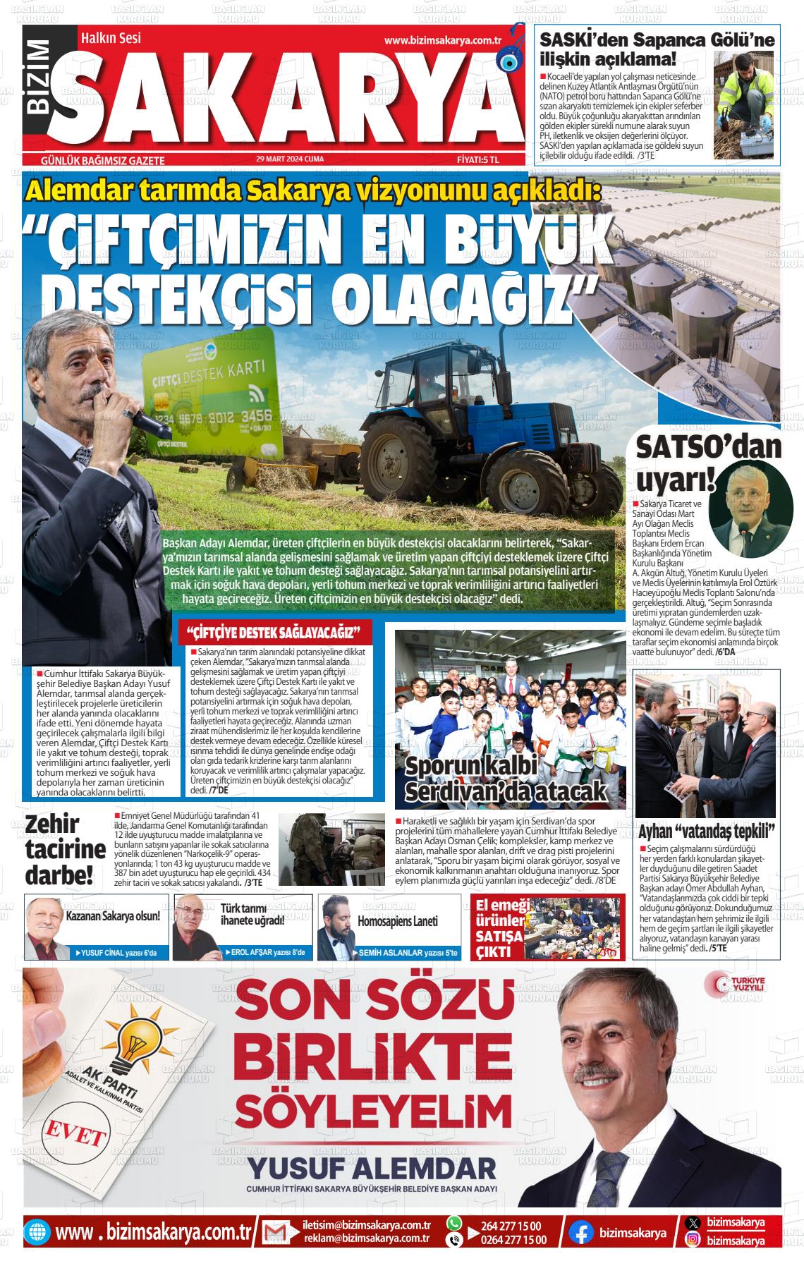 29 Mart 2024 Bizim Sakarya Gazete Manşeti