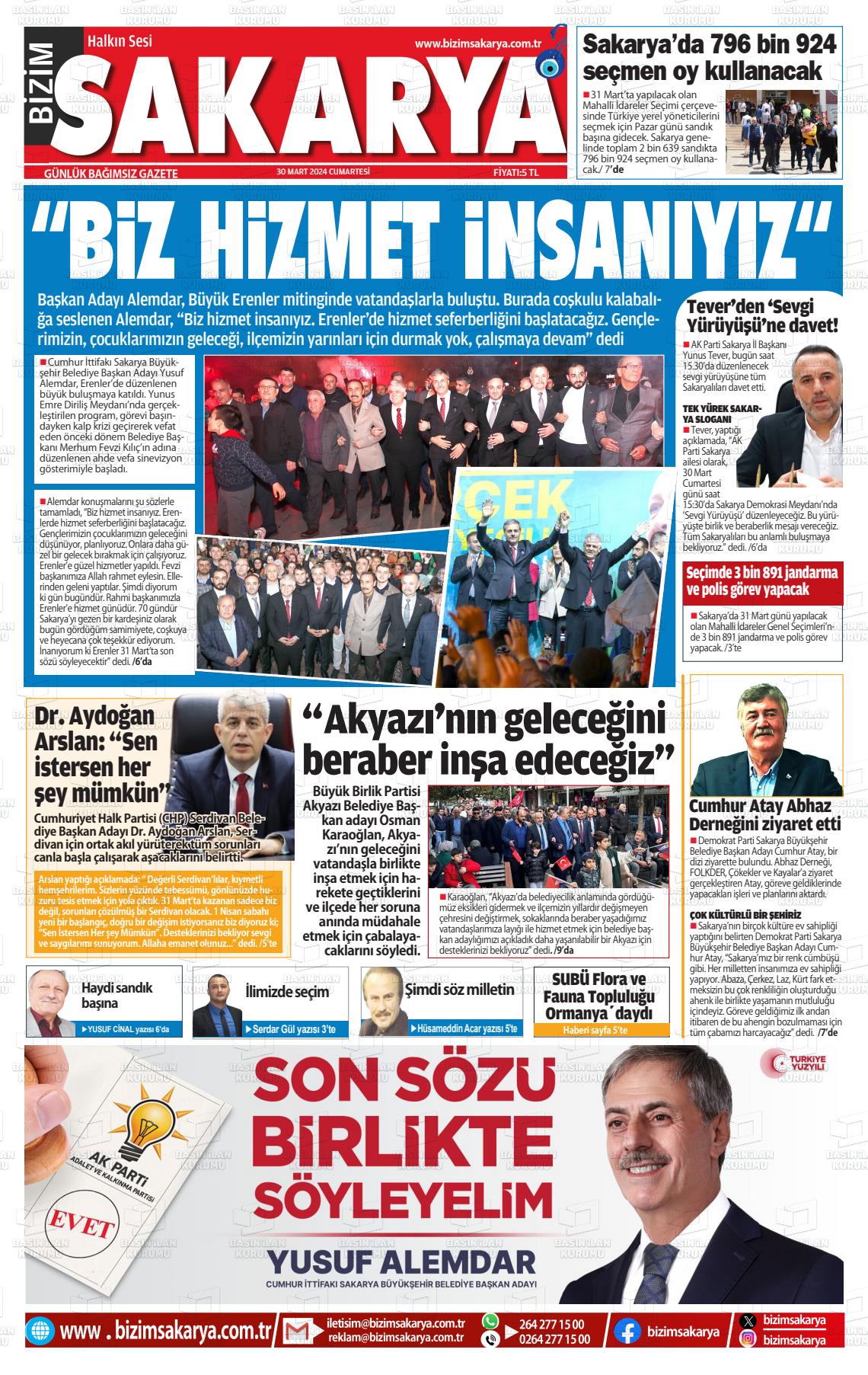 30 Mart 2024 Bizim Sakarya Gazete Manşeti