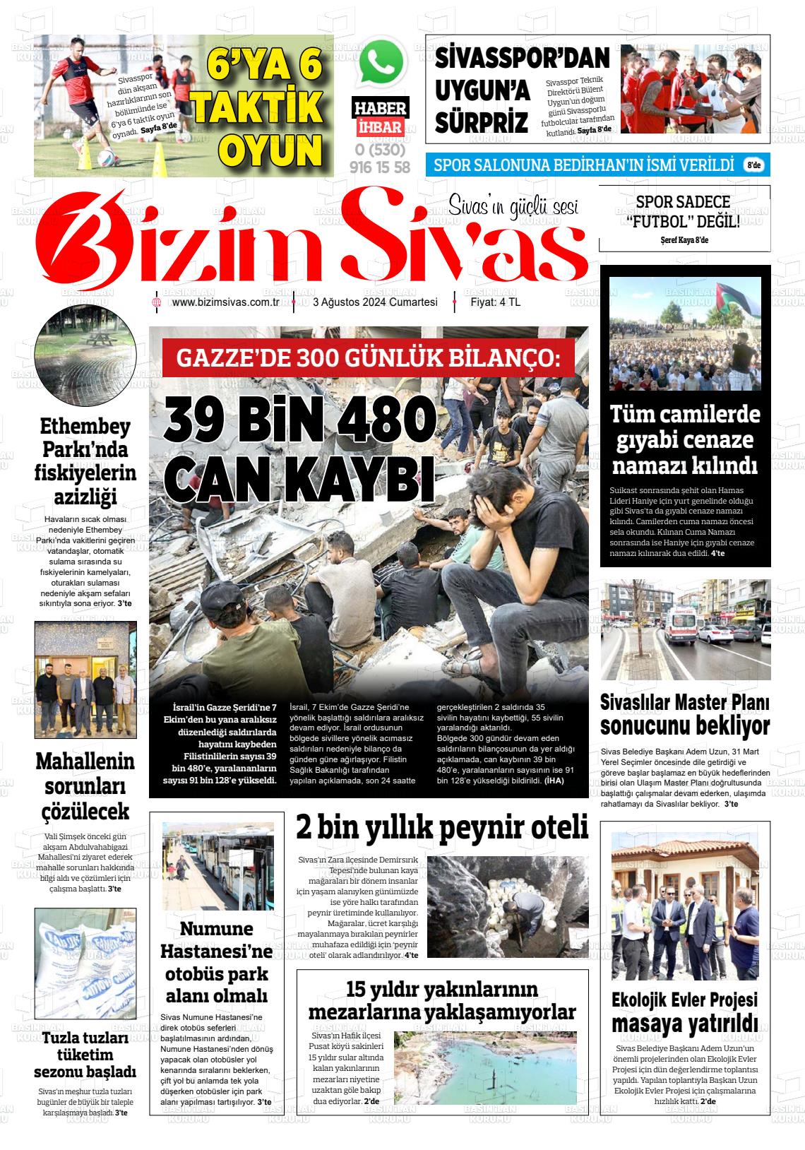 03 Ağustos 2024 Bizim Sivas Gazete Manşeti