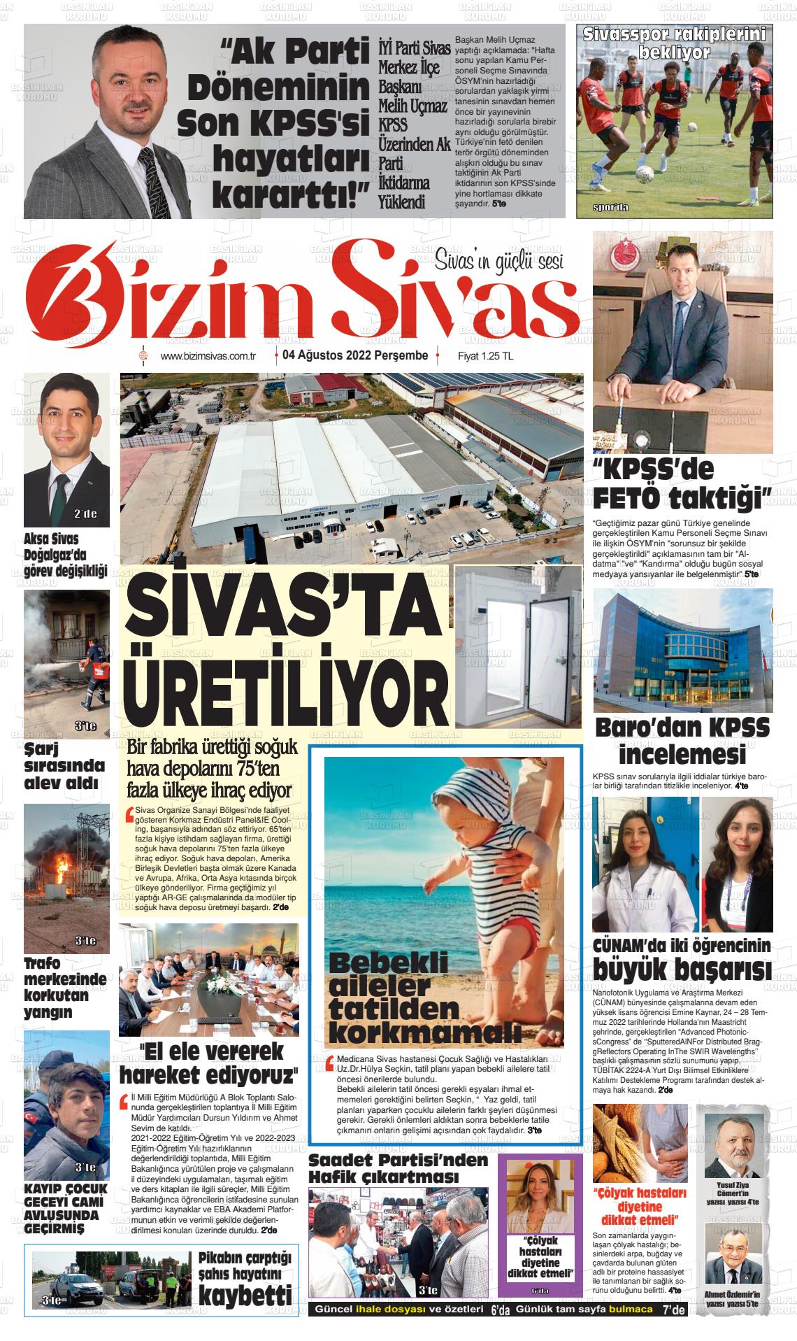 04 Ağustos 2022 Bizim Sivas Gazete Manşeti