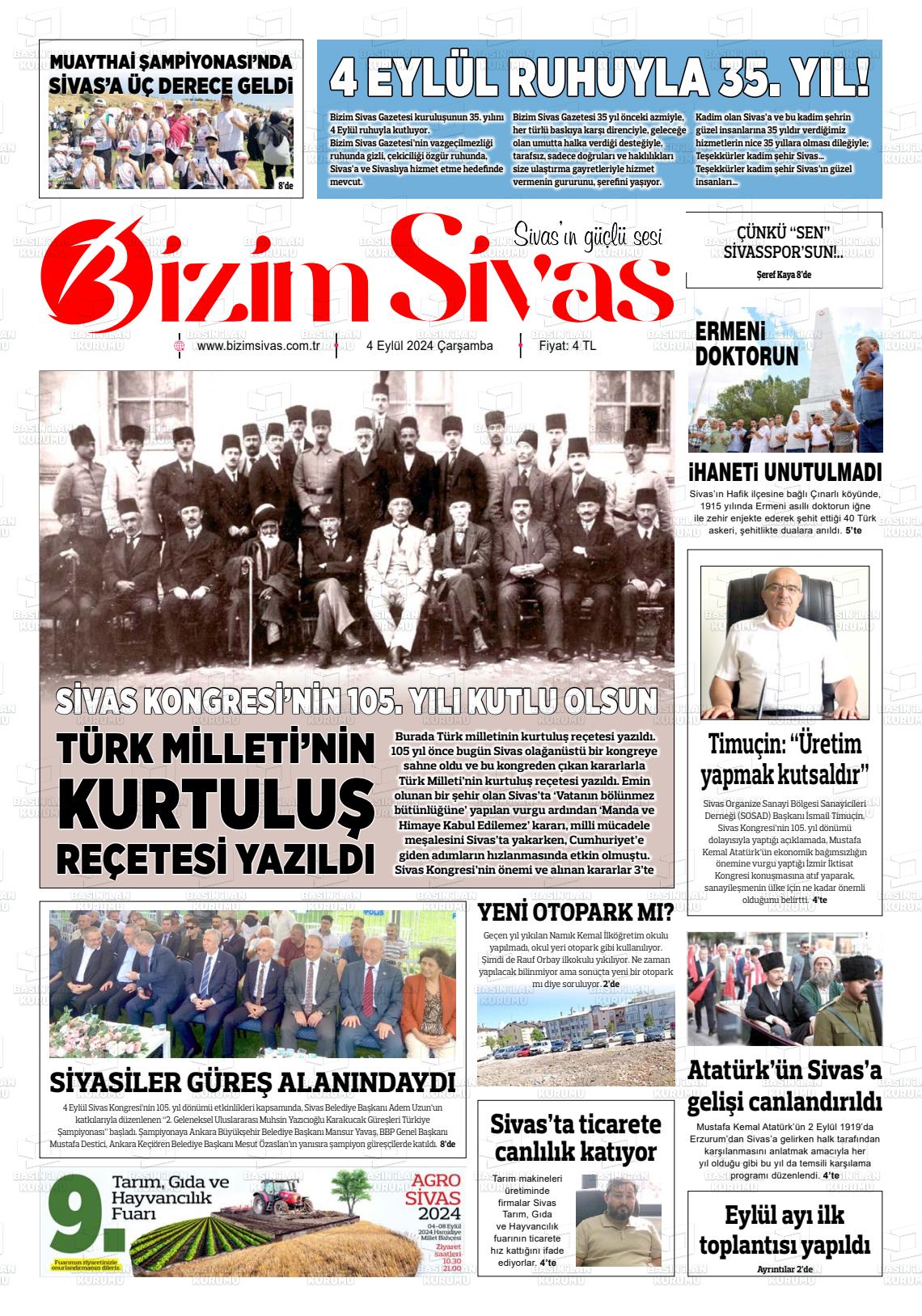 04 Eylül 2024 Bizim Sivas Gazete Manşeti