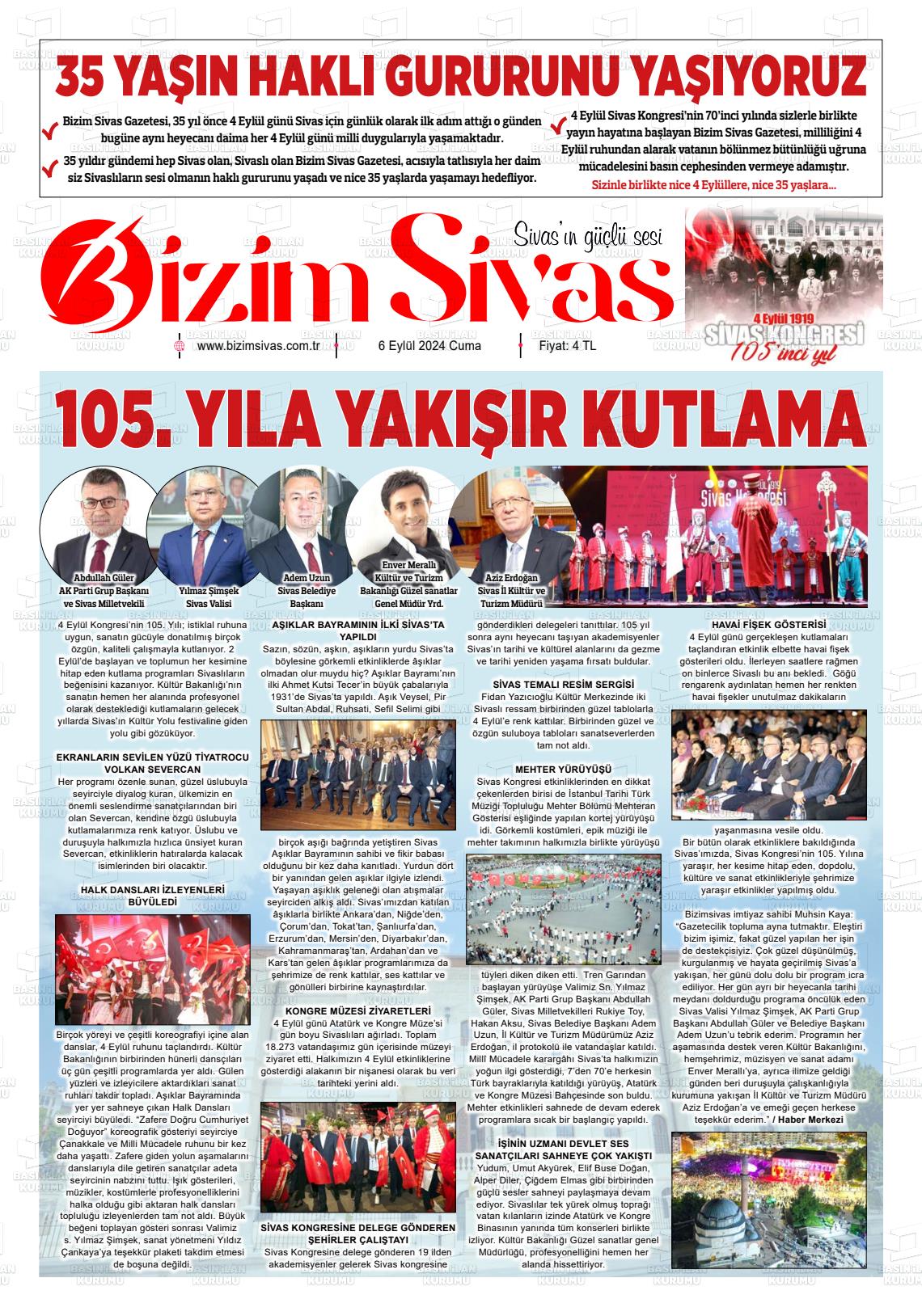 06 Eylül 2024 Bizim Sivas Gazete Manşeti