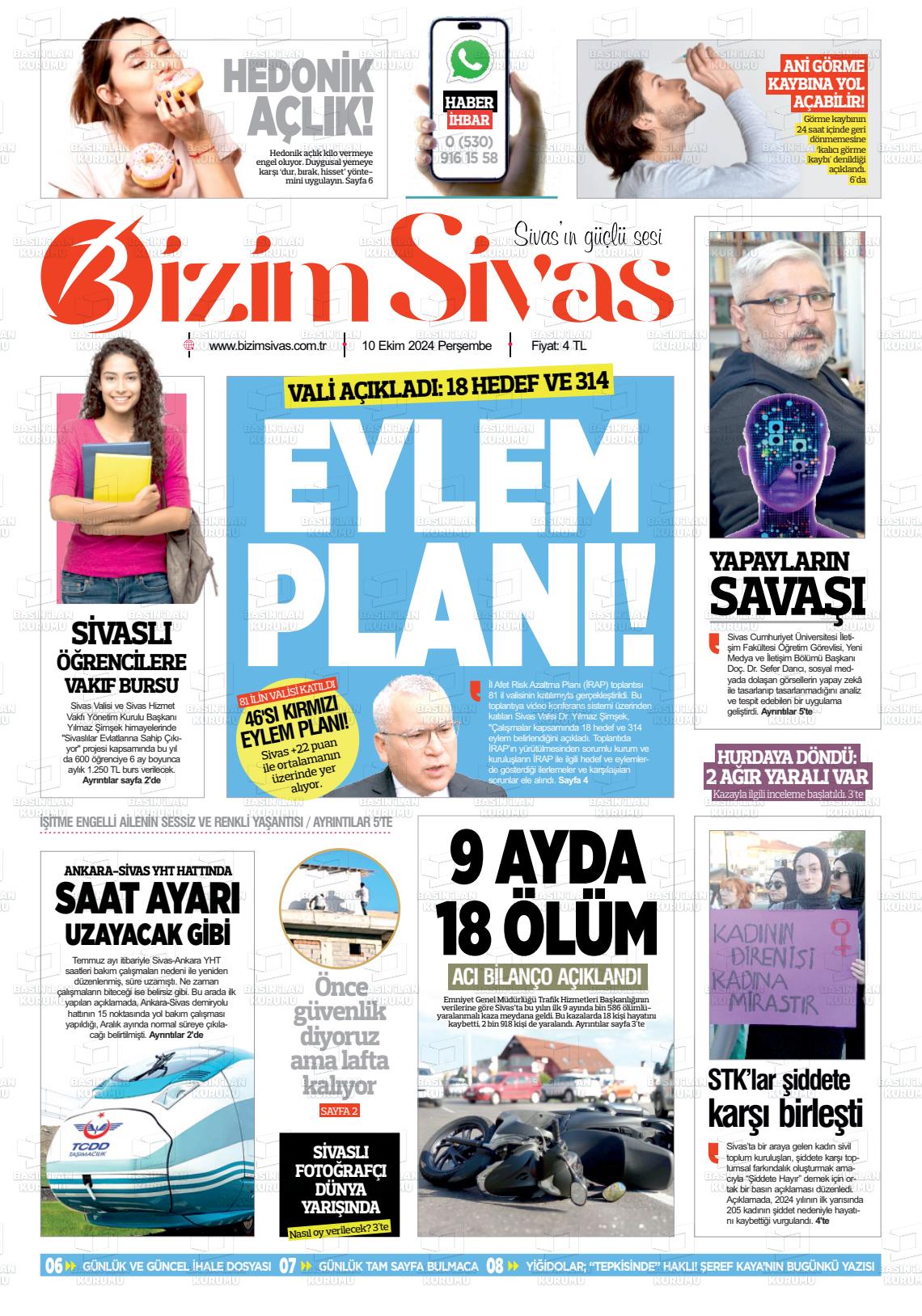 10 Ekim 2024 Bizim Sivas Gazete Manşeti