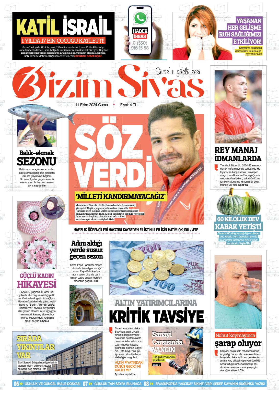 11 Ekim 2024 Bizim Sivas Gazete Manşeti