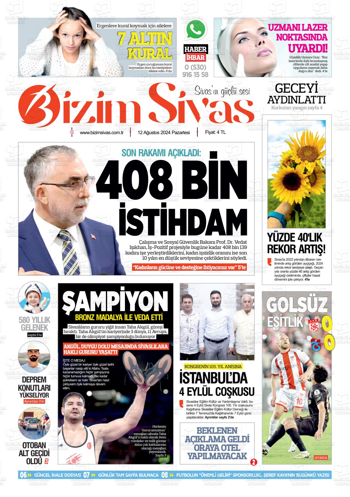 12 Ağustos 2024 Bizim Sivas Gazete Manşeti