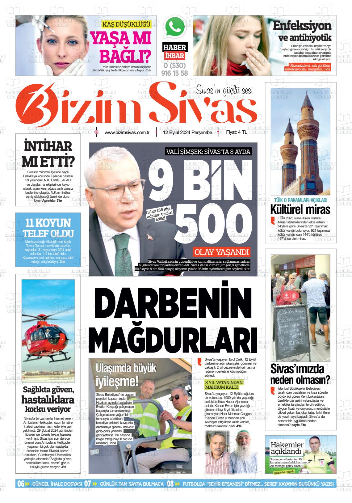 12 Eylül 2024 Bizim Sivas Gazete Manşeti