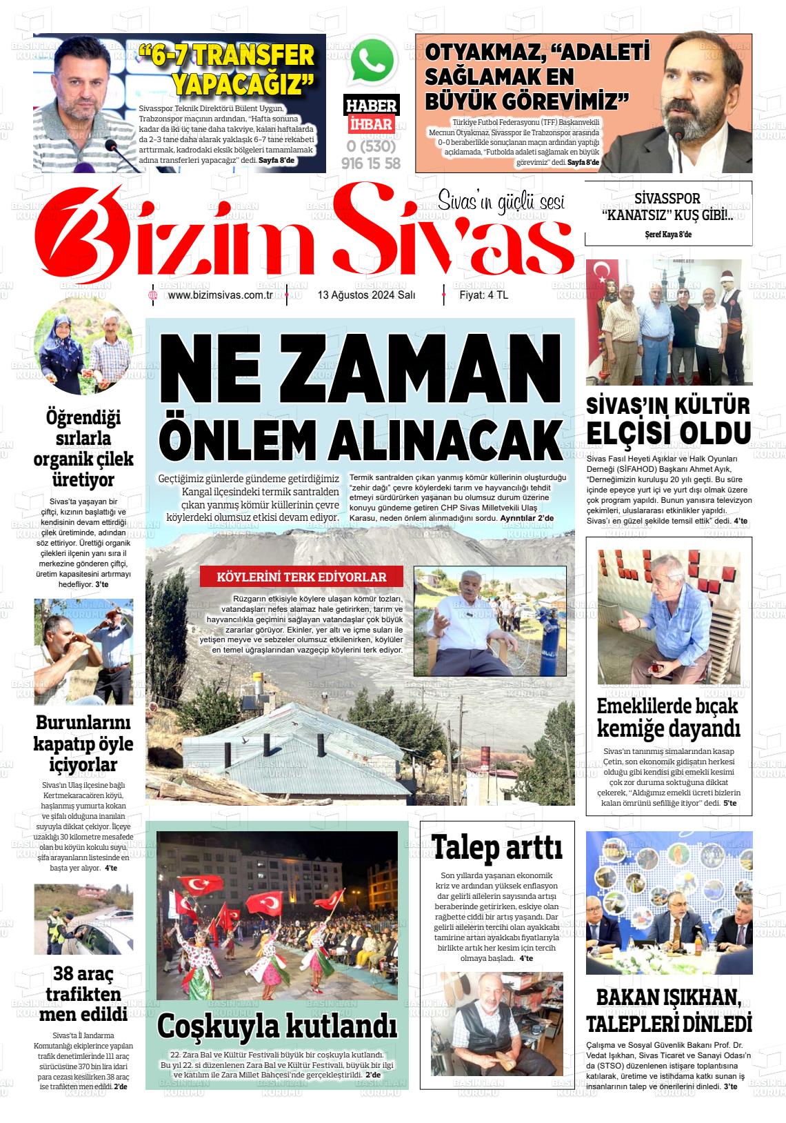 13 Ağustos 2024 Bizim Sivas Gazete Manşeti