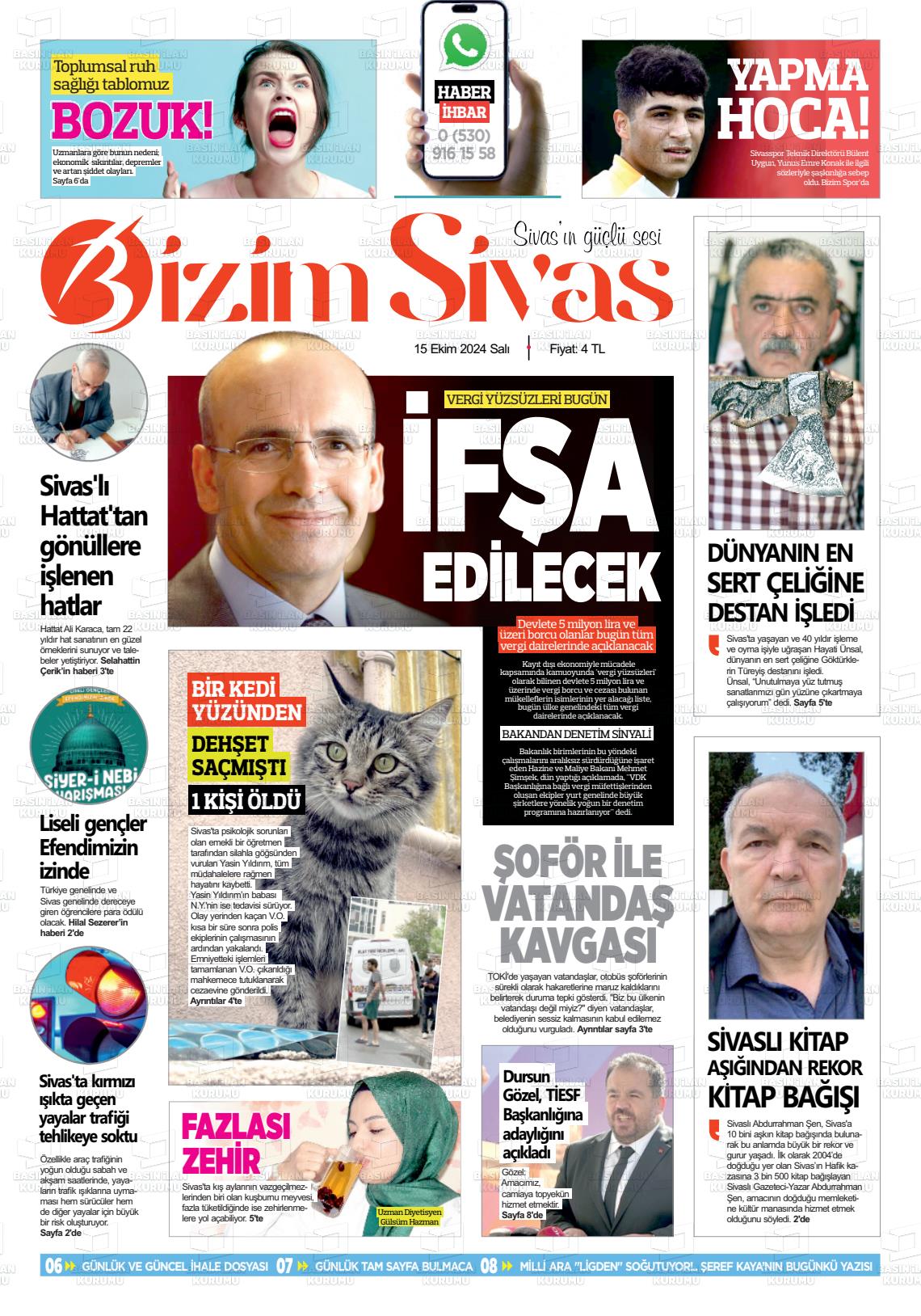 15 Ekim 2024 Bizim Sivas Gazete Manşeti