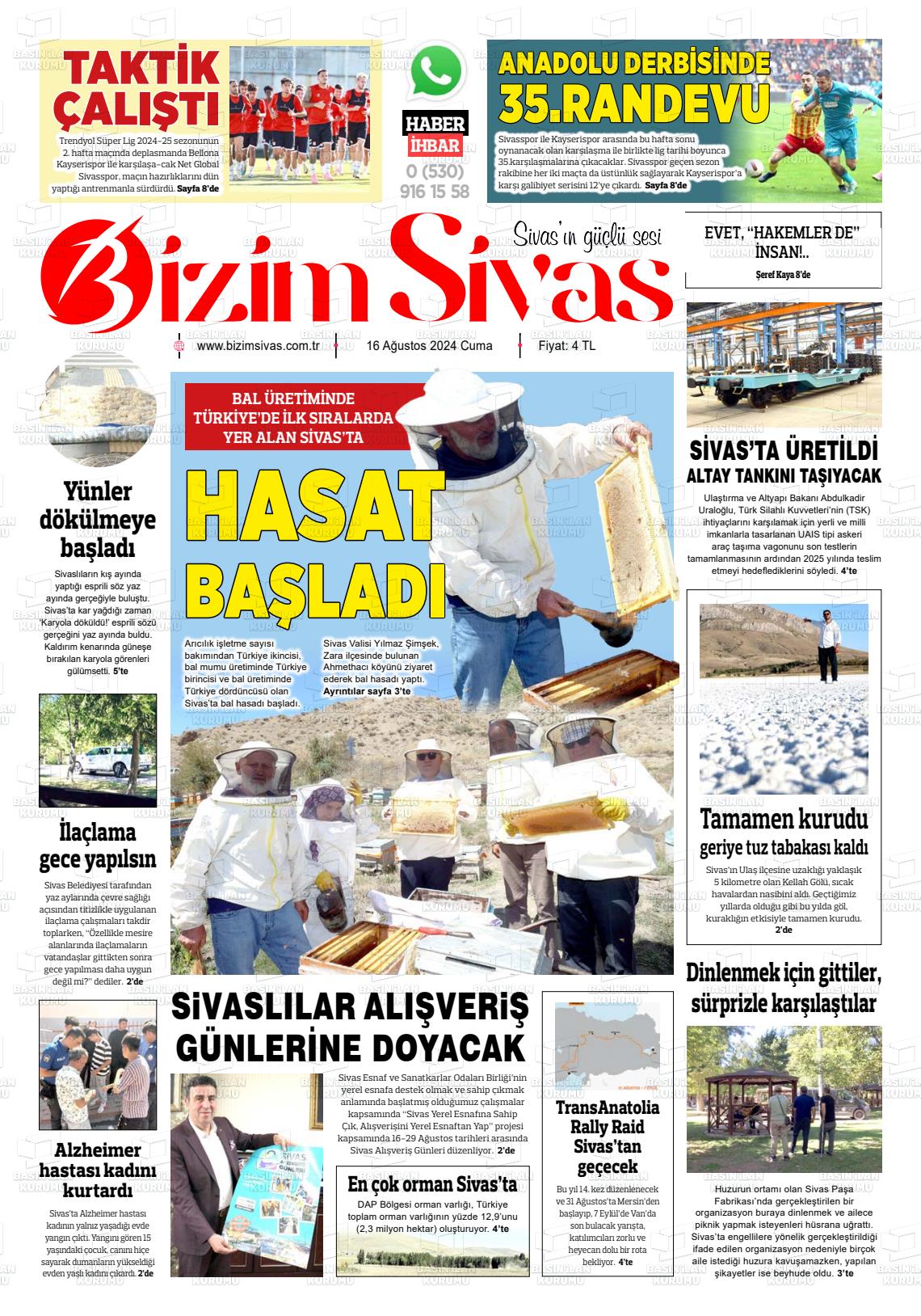 16 Ağustos 2024 Bizim Sivas Gazete Manşeti