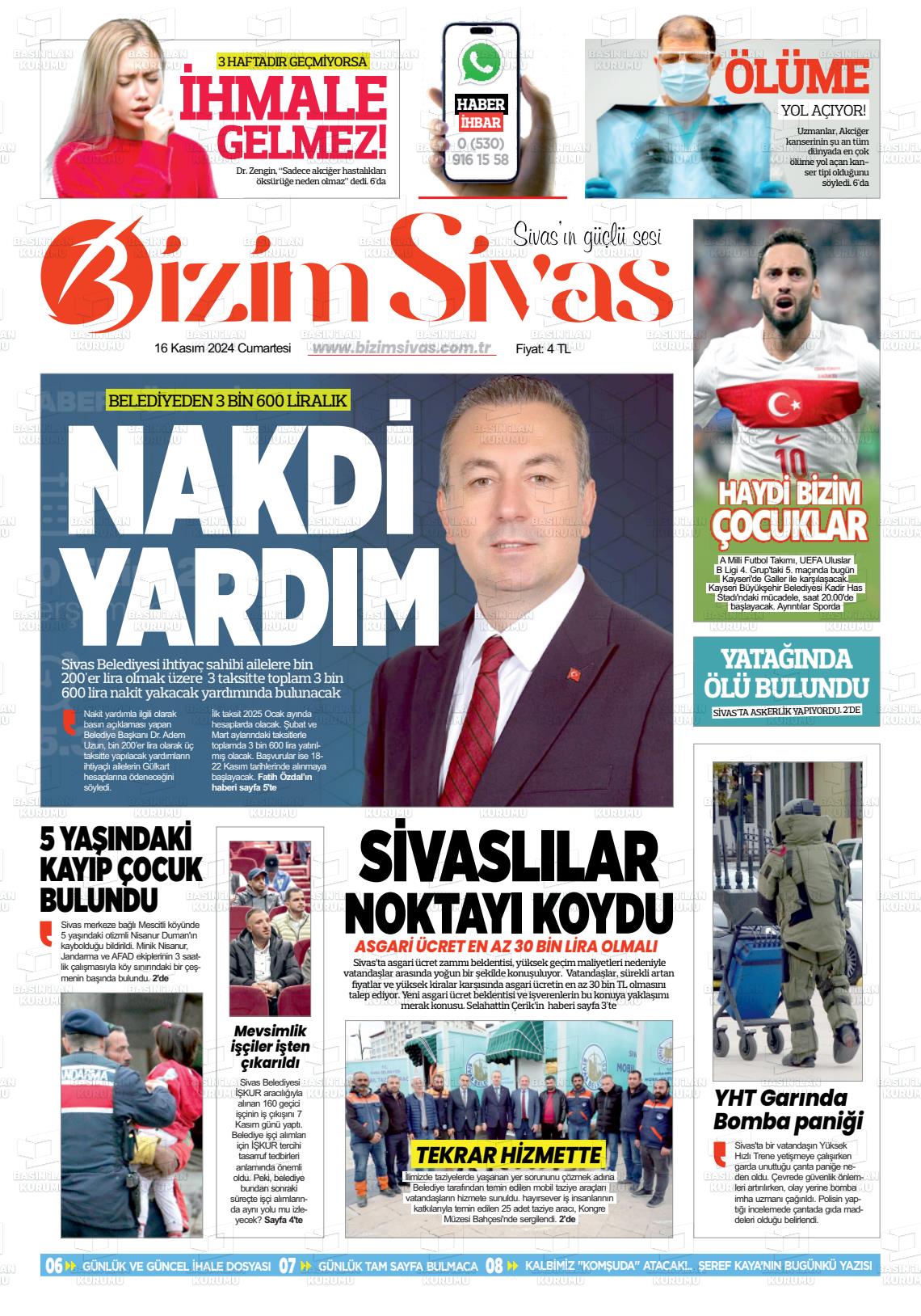 16 Kasım 2024 Bizim Sivas Gazete Manşeti