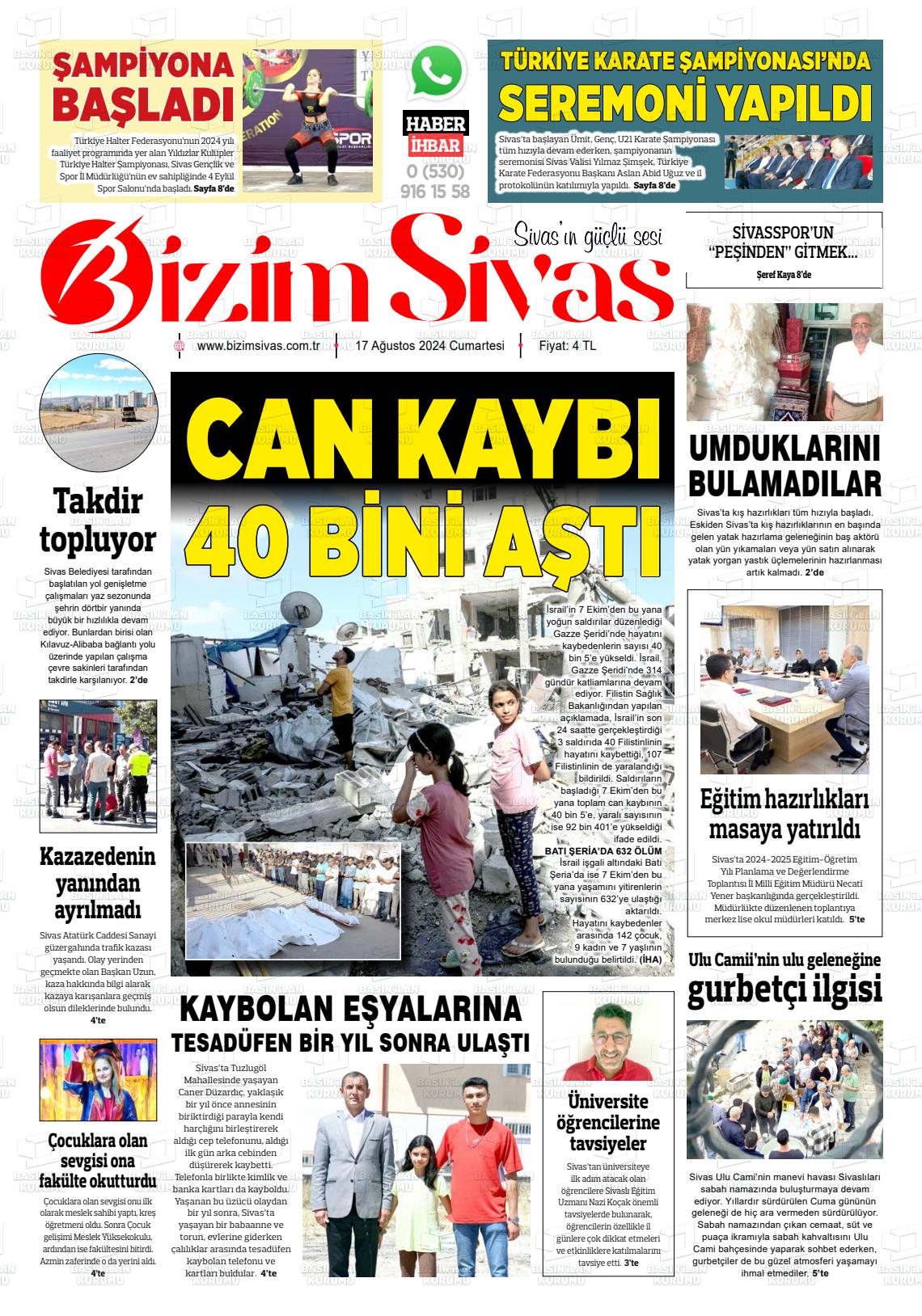 17 Ağustos 2024 Bizim Sivas Gazete Manşeti