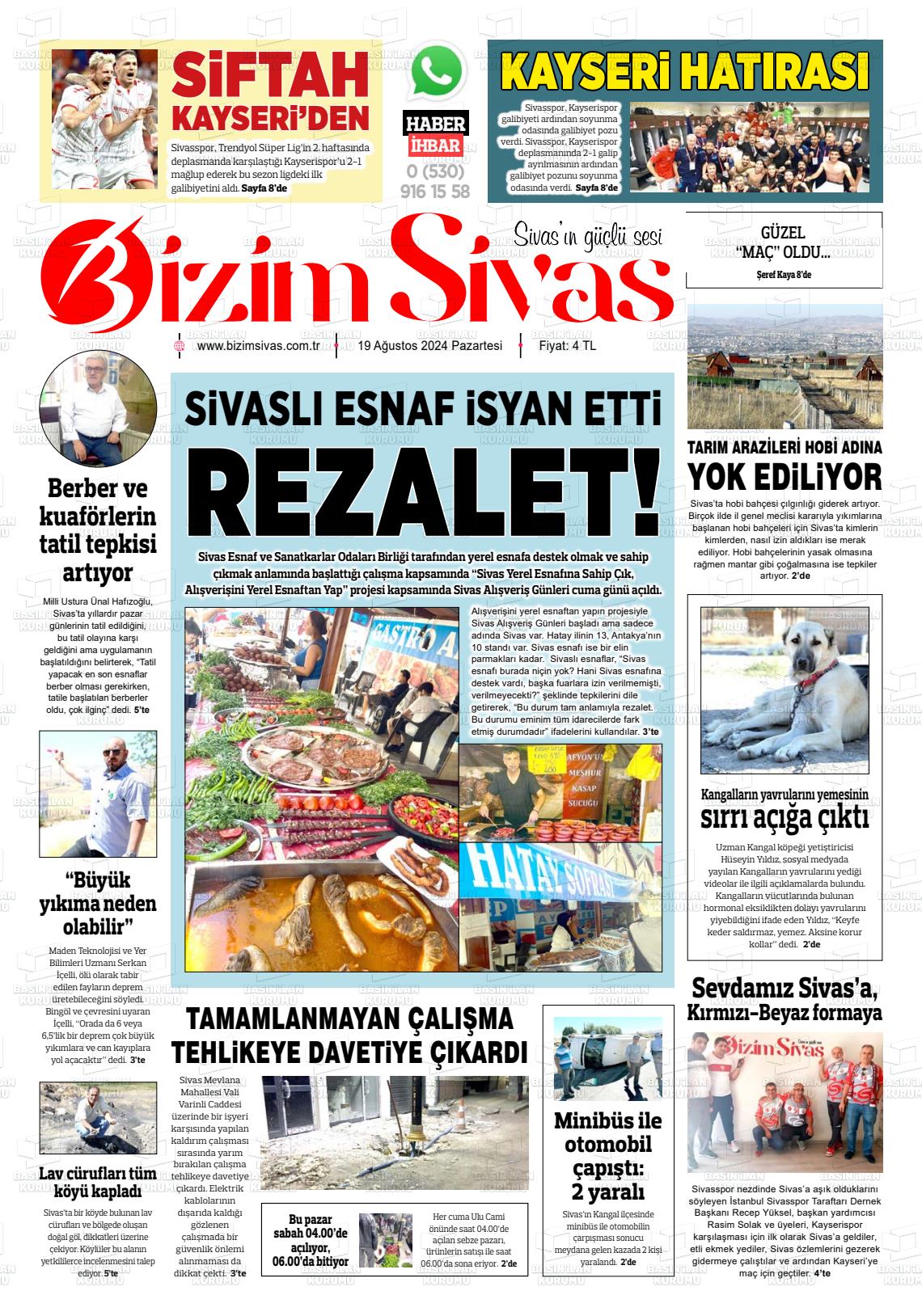 19 Ağustos 2024 Bizim Sivas Gazete Manşeti