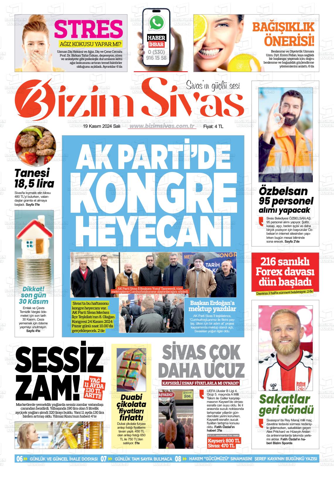 19 Kasım 2024 Bizim Sivas Gazete Manşeti