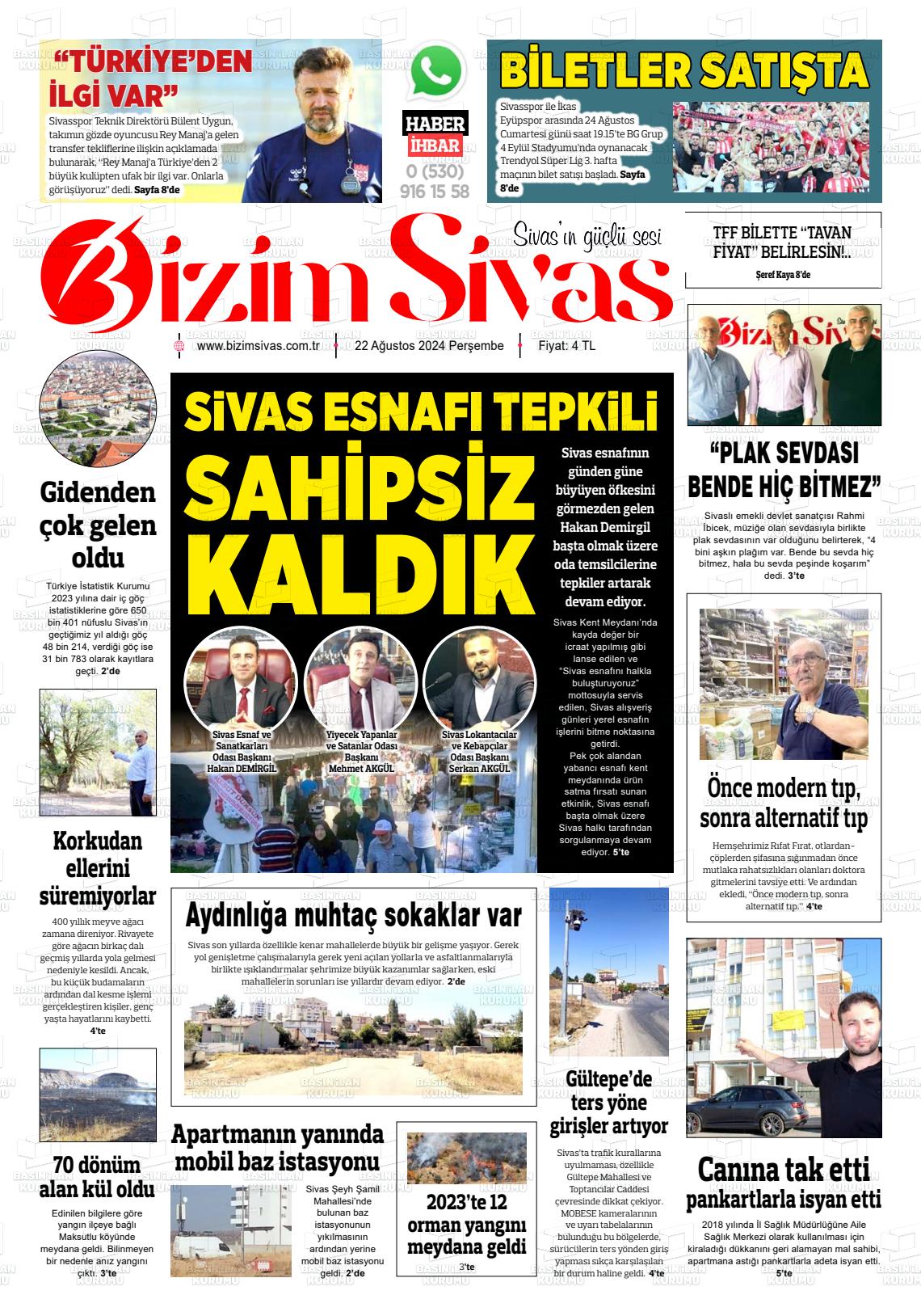 22 Ağustos 2024 Bizim Sivas Gazete Manşeti