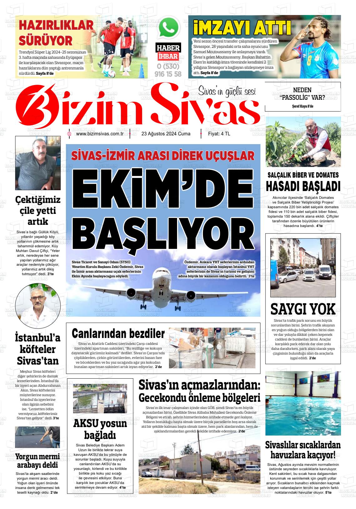 23 Ağustos 2024 Bizim Sivas Gazete Manşeti