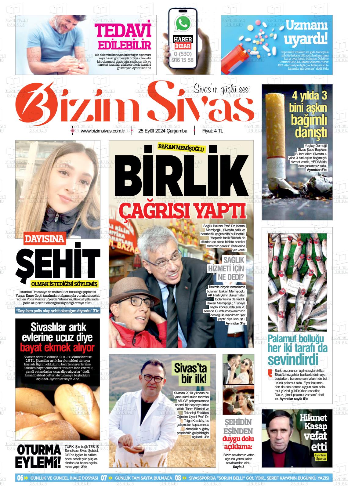 25 Eylül 2024 Bizim Sivas Gazete Manşeti