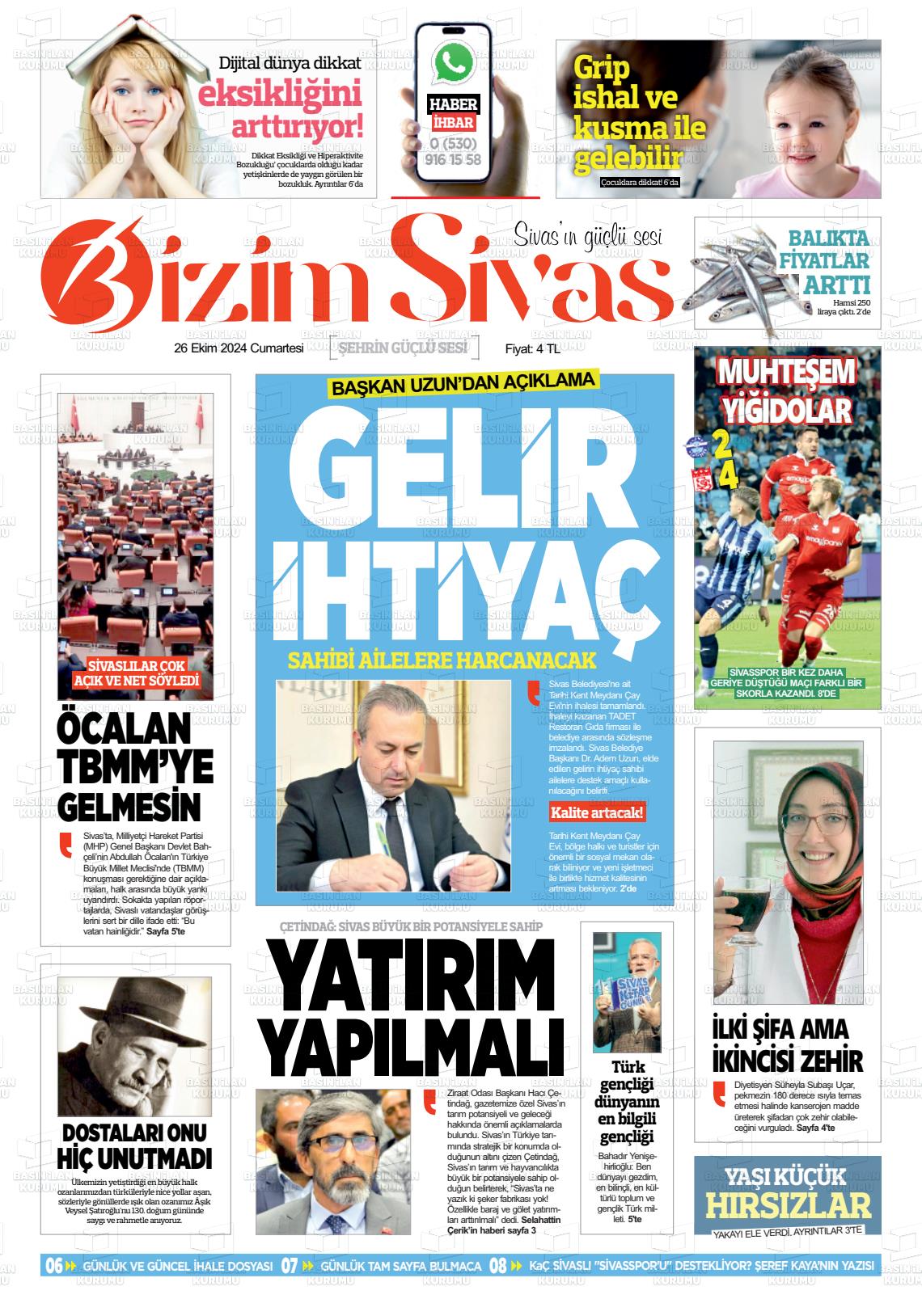 26 Ekim 2024 Bizim Sivas Gazete Manşeti