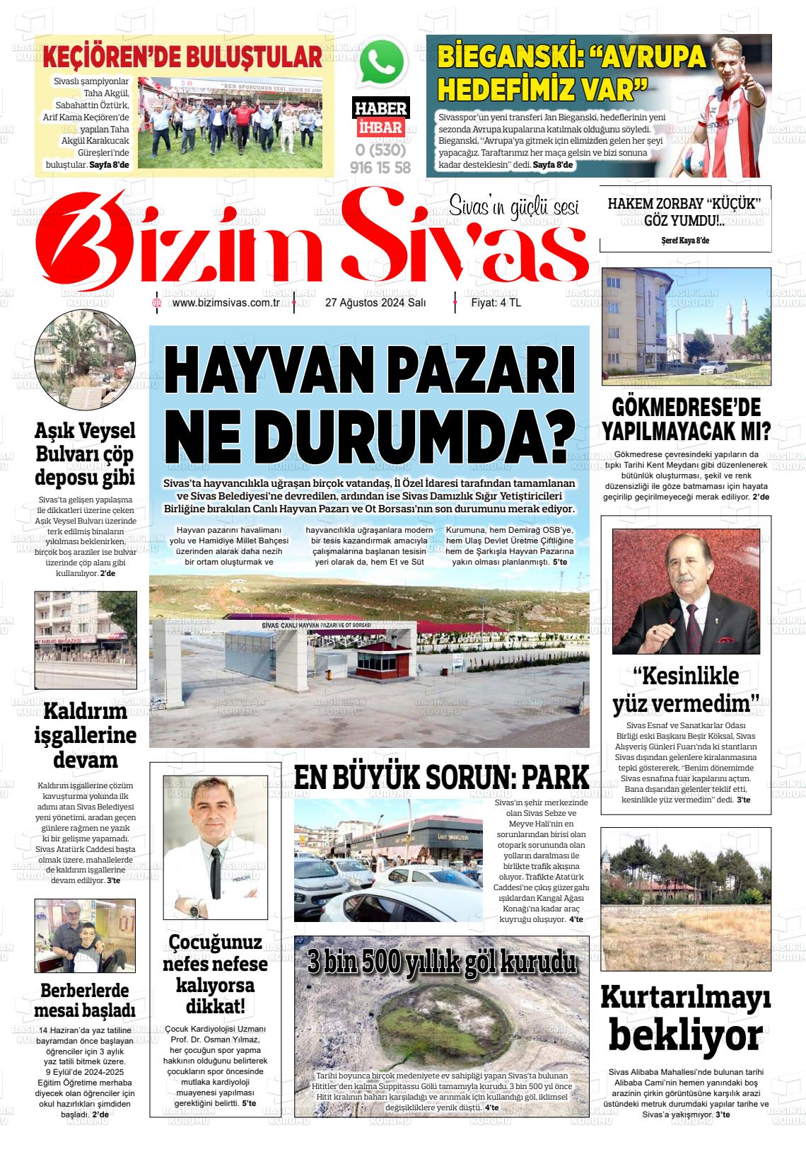 27 Ağustos 2024 Bizim Sivas Gazete Manşeti